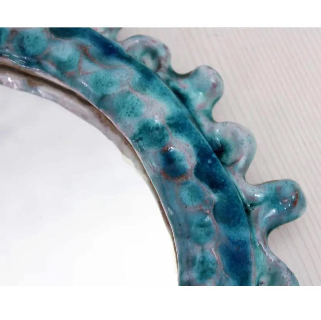 Late 20th Century Mid-century French Sunburst Turquoise Ceramic Mirror For Sale