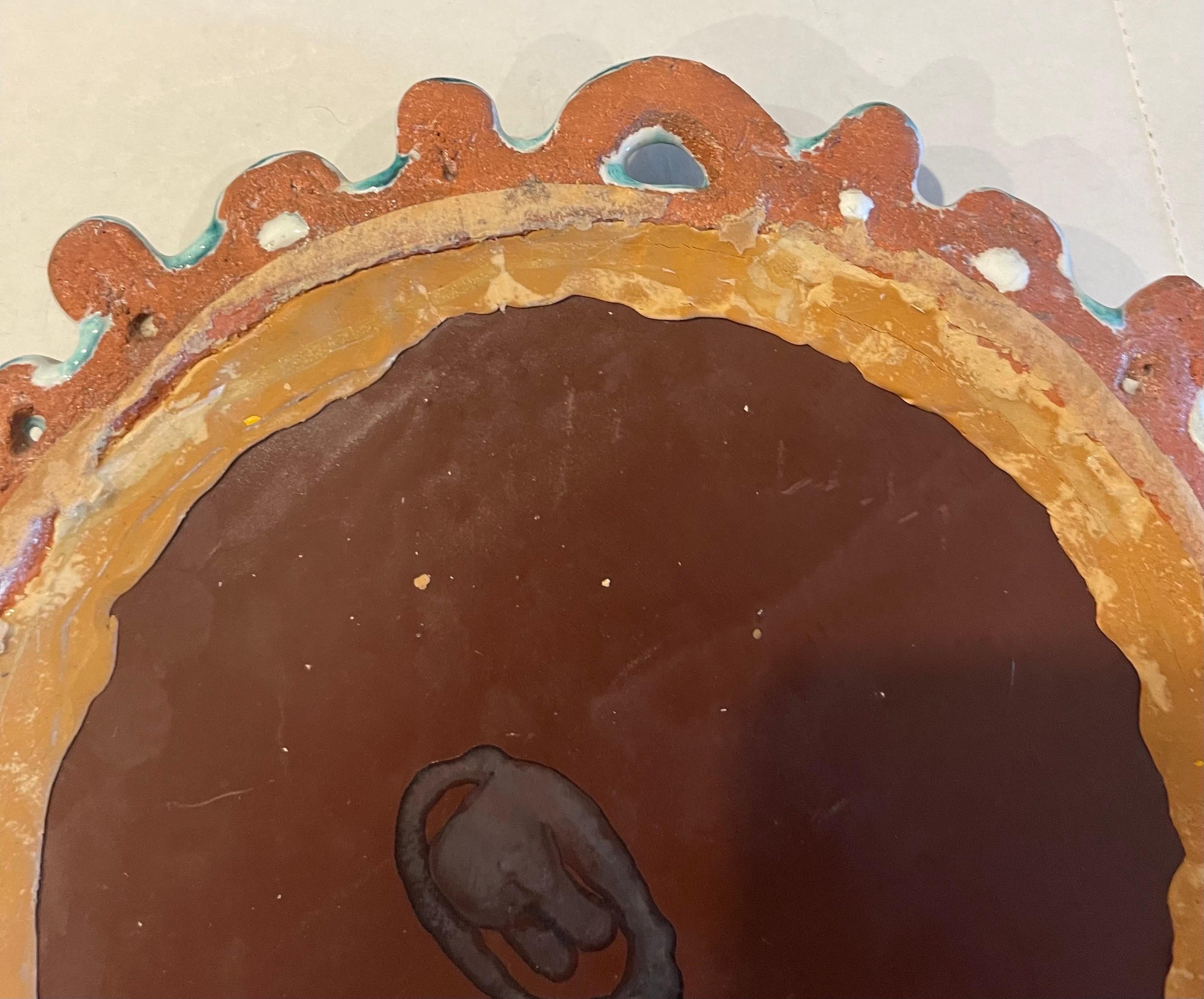 Mid-century French Sunburst Turquoise Ceramic Mirror For Sale 4