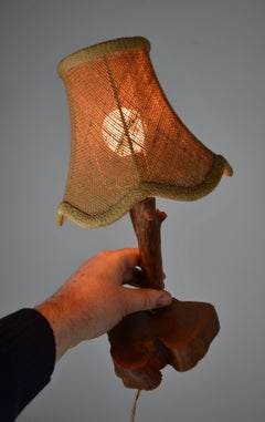 Mid-Century French Table Lamp in Olive Wood with Original Shade, 1950s