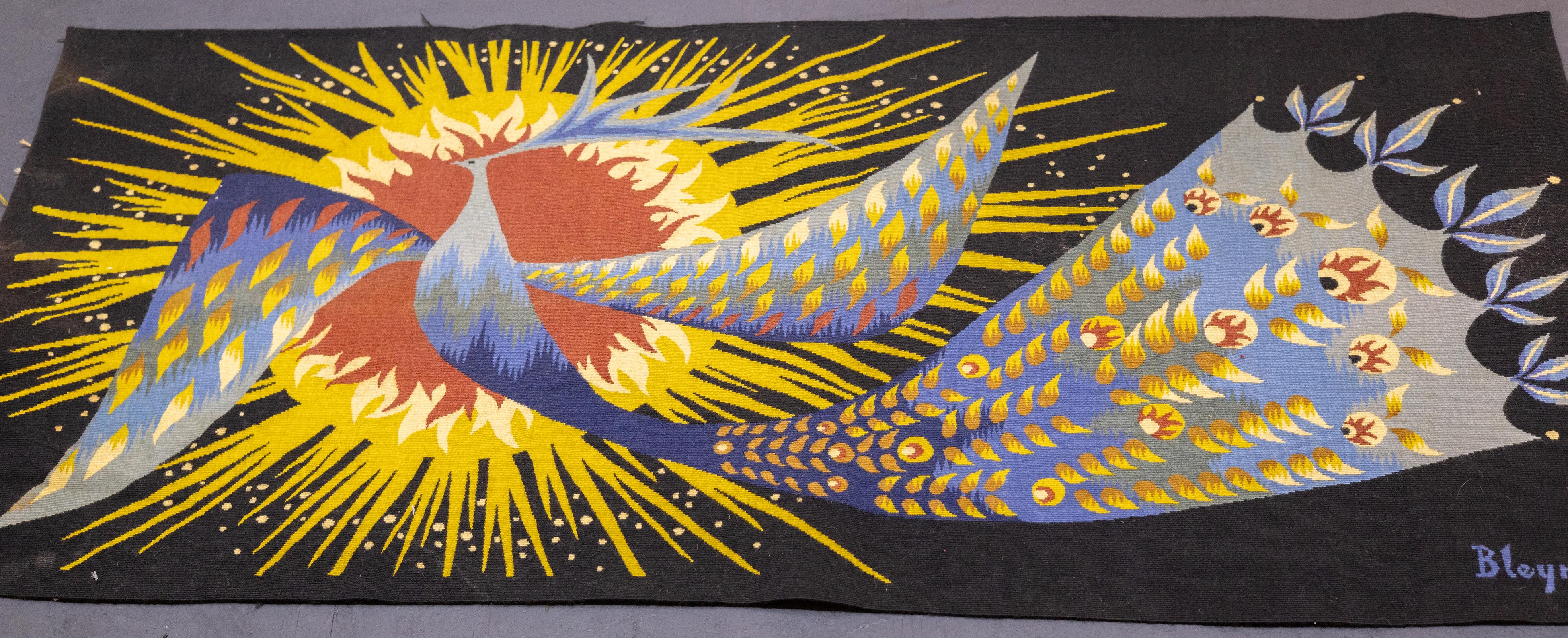 Wool Mid Century French Tapestry Signed by Blenie 2'3'' x 4'10' For Sale