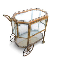 Mid-Century French Tea Cart, Brass and Glass, Hollywood Regency Style