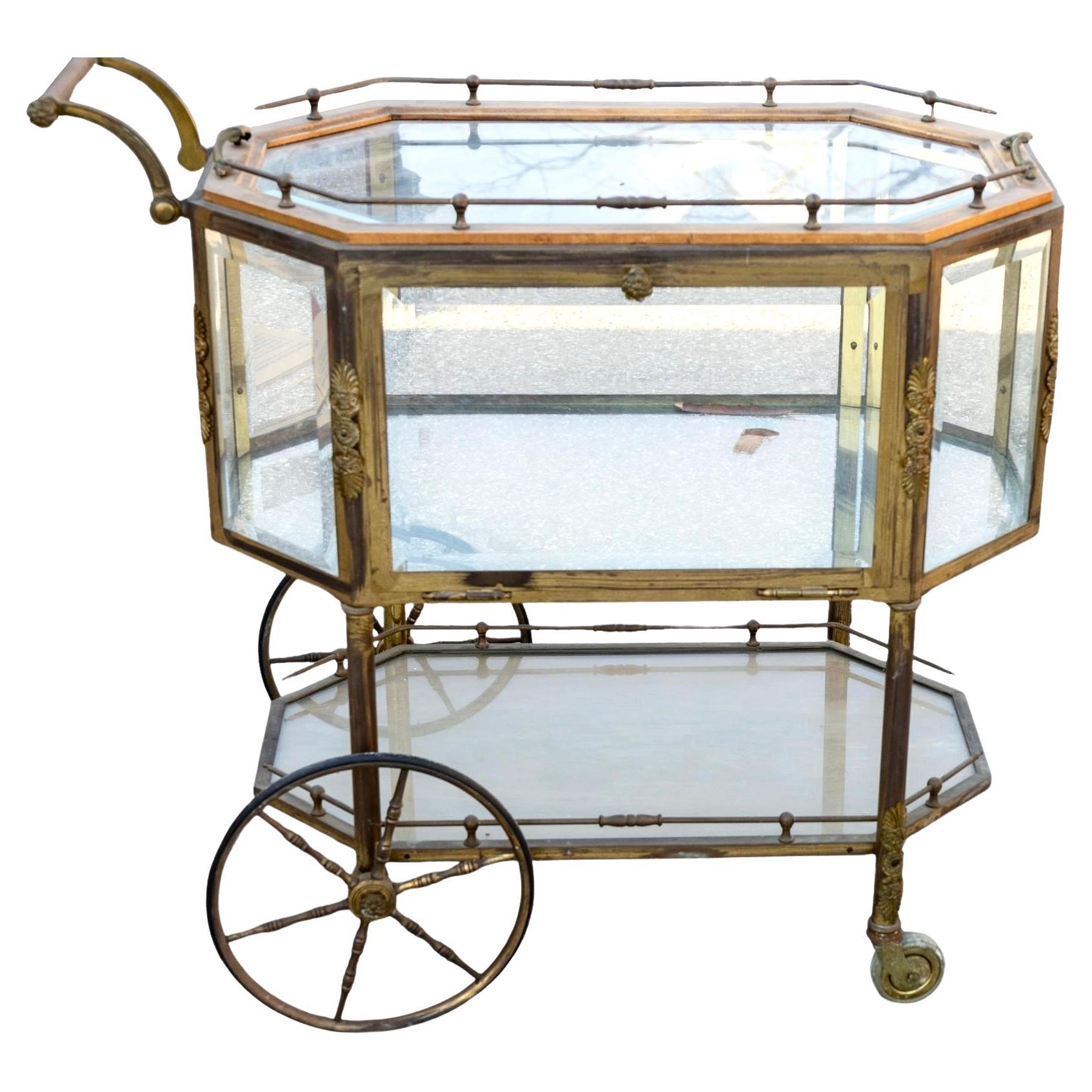 Mid-Century French Tea Cart, Brass and Glass, Hollywood Regency Style