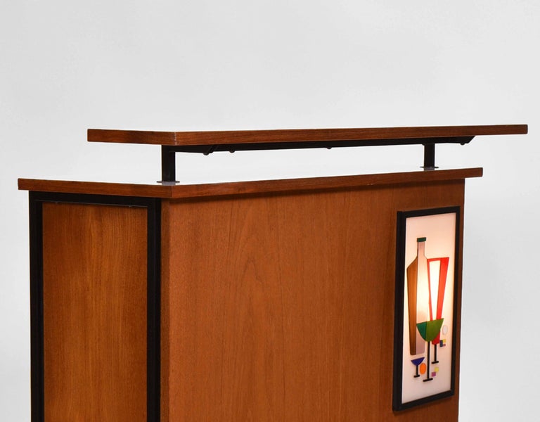 Mid Century French Teak Cocktail Drinks Bar With Illuminated Panel For Sale 4