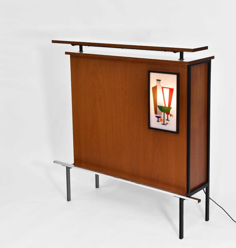 Mid Century French Teak Cocktail Drinks Bar With Illuminated Panel For Sale 1