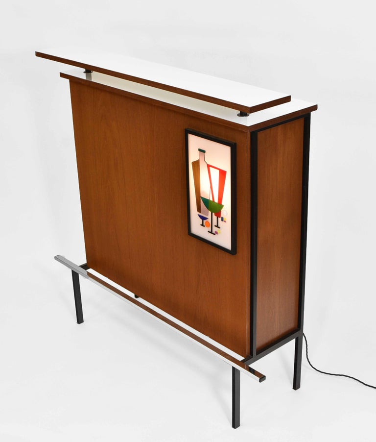 Mid Century French Teak Cocktail Drinks Bar With Illuminated Panel For Sale 3