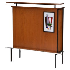 Used Mid Century French Teak Cocktail Drinks Bar With Illuminated Panel