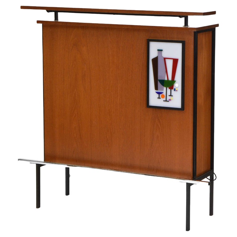Mid Century French Teak Cocktail Drinks Bar With Illuminated Panel For Sale