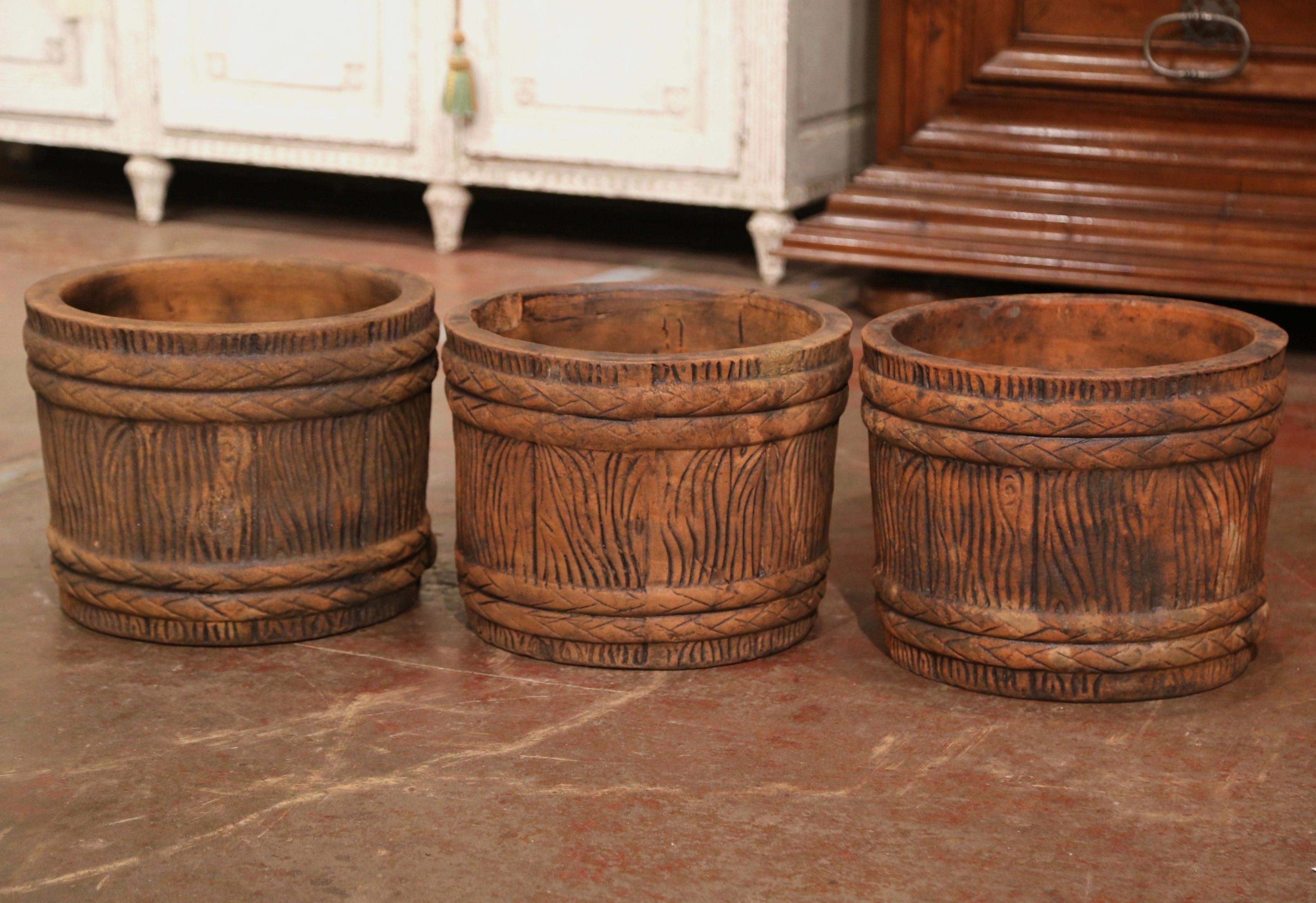 Country Mid-Century French Terracotta Barrel & Tree Trunk Form Garden Planters, Set of 3