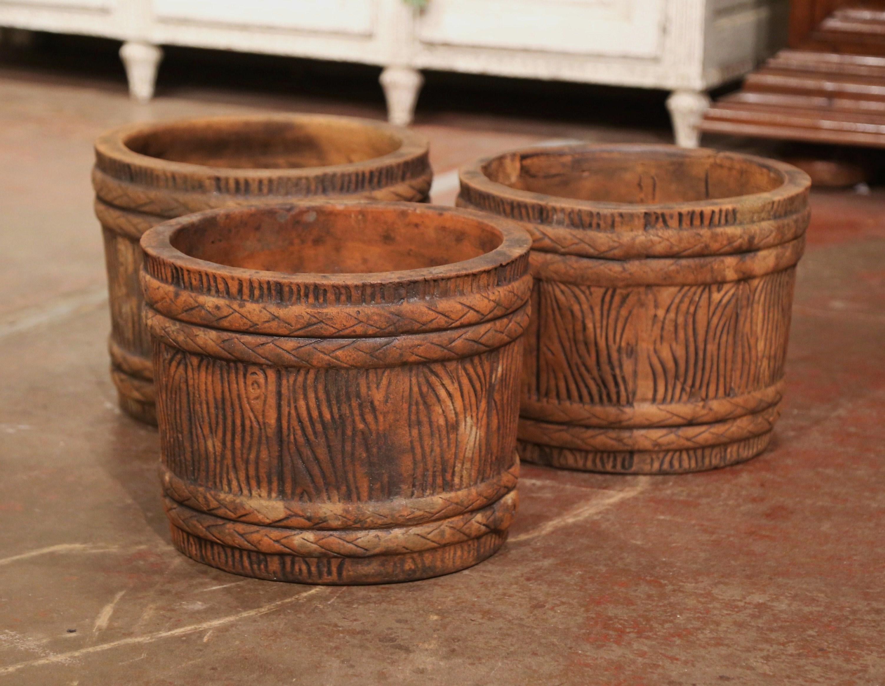 Patinated Mid-Century French Terracotta Barrel & Tree Trunk Form Garden Planters, Set of 3