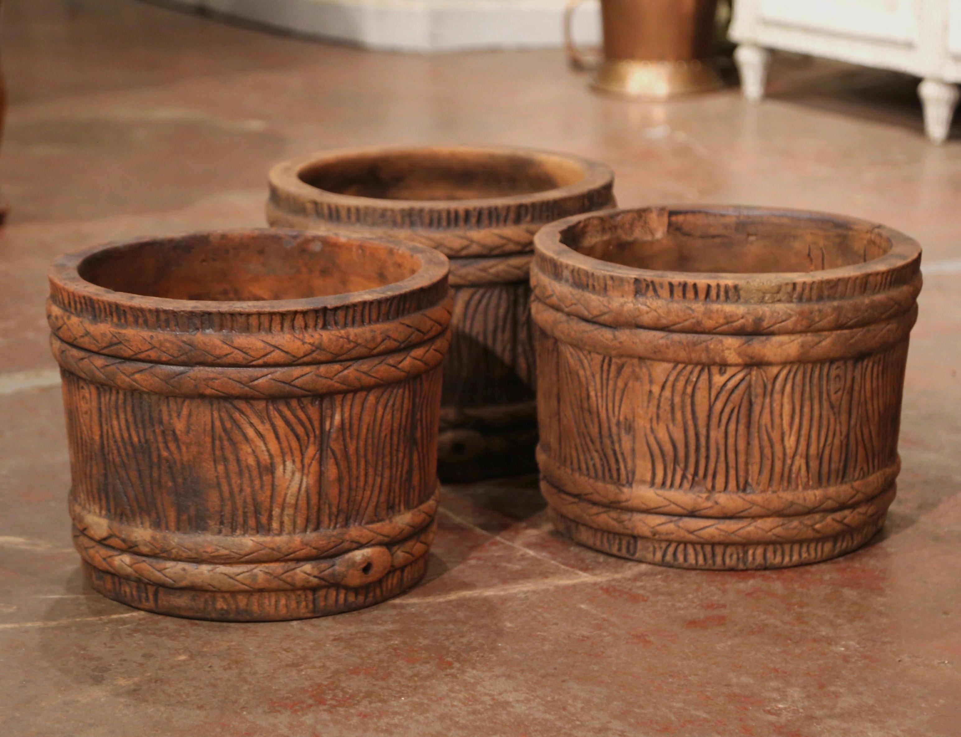 Mid-Century French Terracotta Barrel & Tree Trunk Form Garden Planters, Set of 3 In Excellent Condition For Sale In Dallas, TX