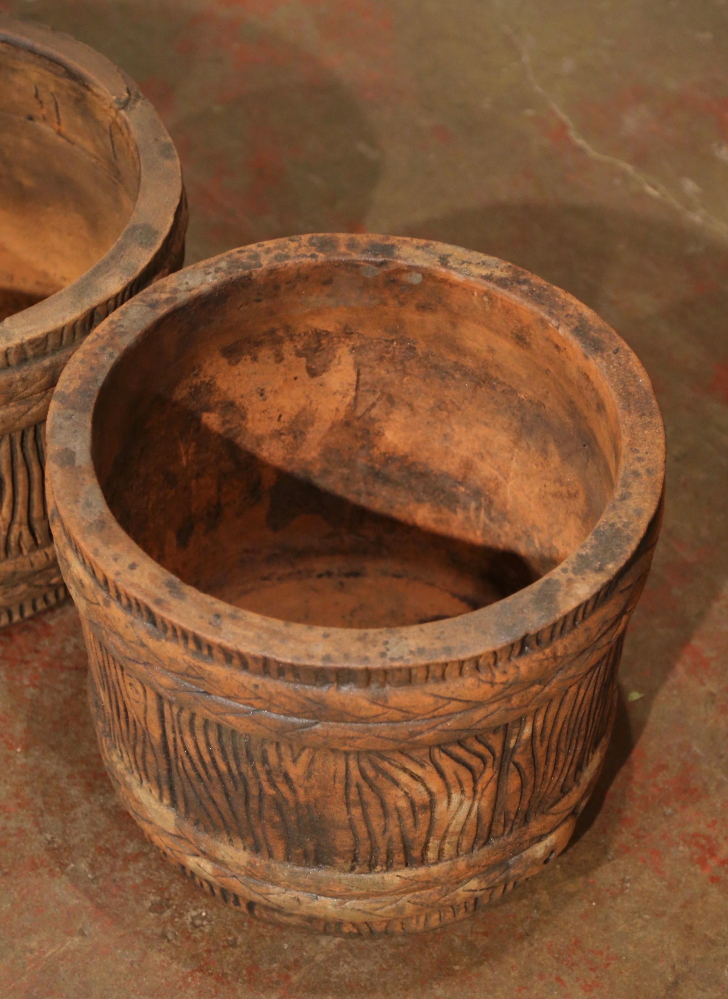 20th Century Mid-Century French Terracotta Barrel & Tree Trunk Form Garden Planters, Set of 3 For Sale