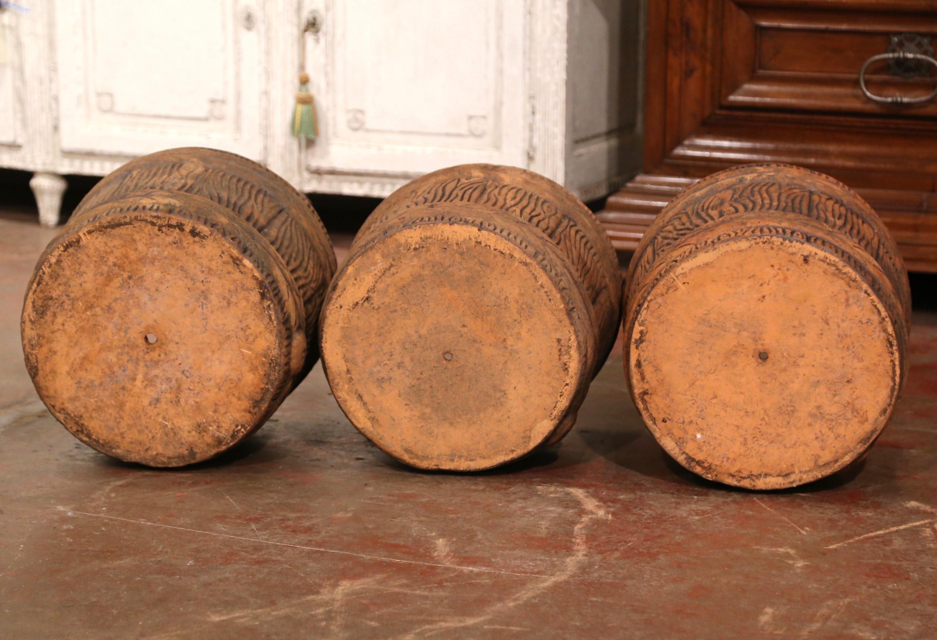 Mid-Century French Terracotta Barrel & Tree Trunk Form Garden Planters, Set of 3 For Sale 2
