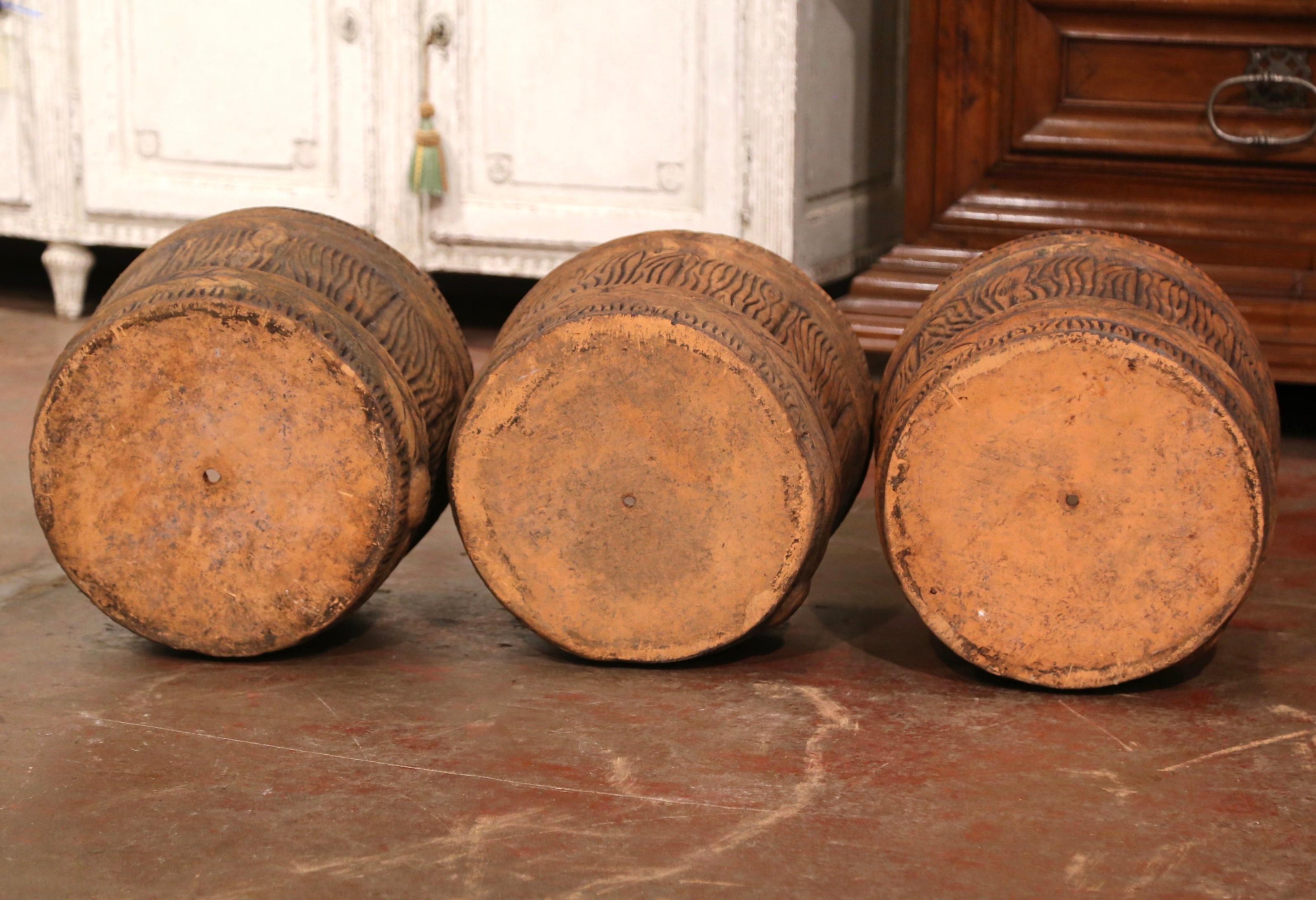 Mid-Century French Terracotta Barrel & Tree Trunk Form Garden Planters, Set of 3 2