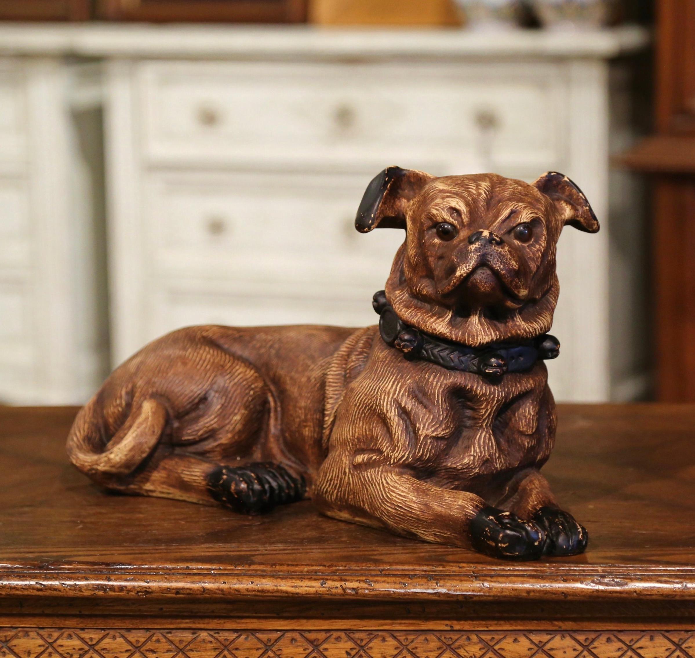 Hand-Carved Mid-Century French Terracotta Dog Sculpture with Glass Eyes For Sale