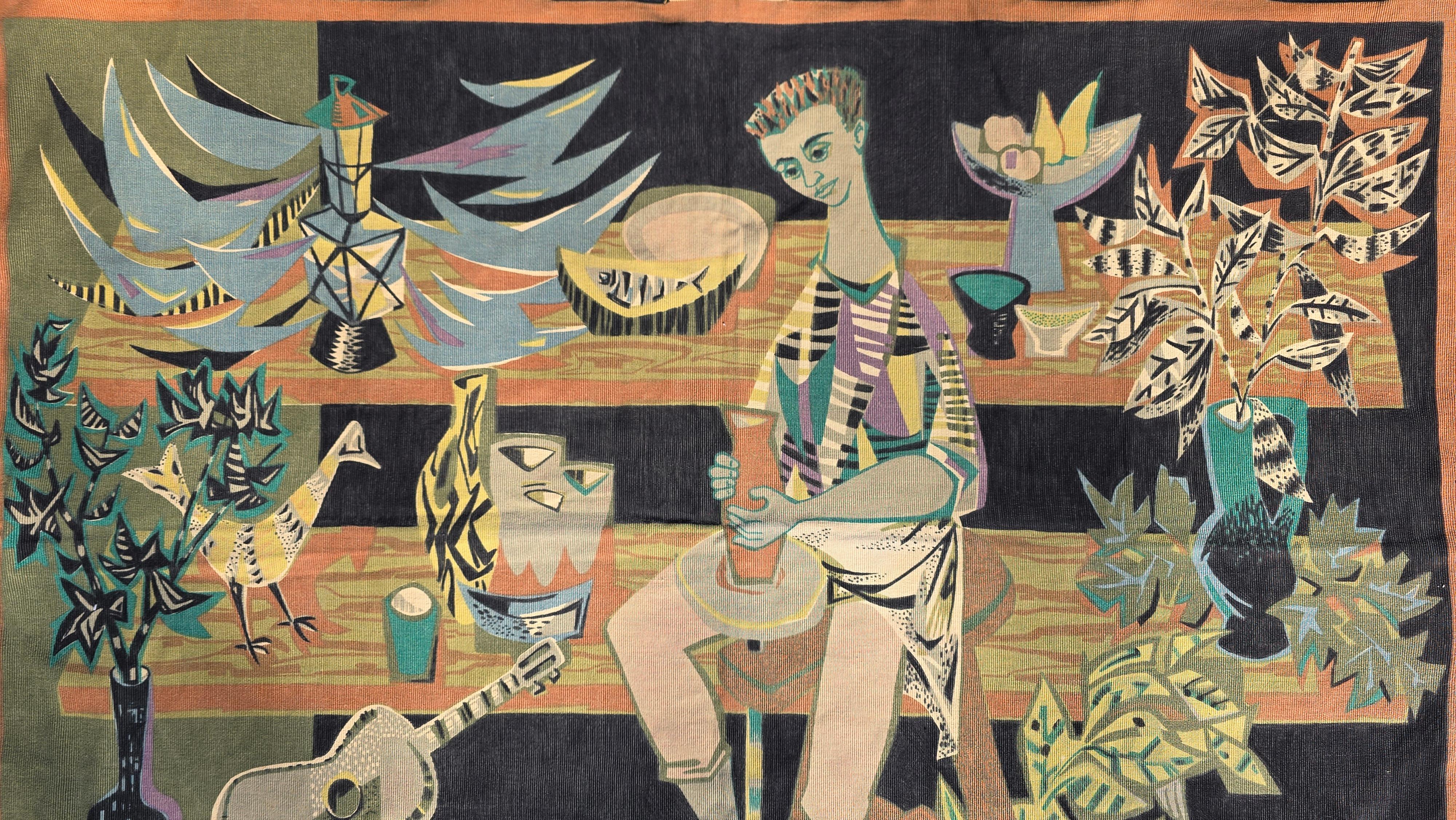 

This striking mid-century French wall hanging is a printed textile artwork designed by renowned French artist Robert Debiève. Known for his vibrant, playful compositions, Debiève’s work often blends abstract and figurative elements, capturing the