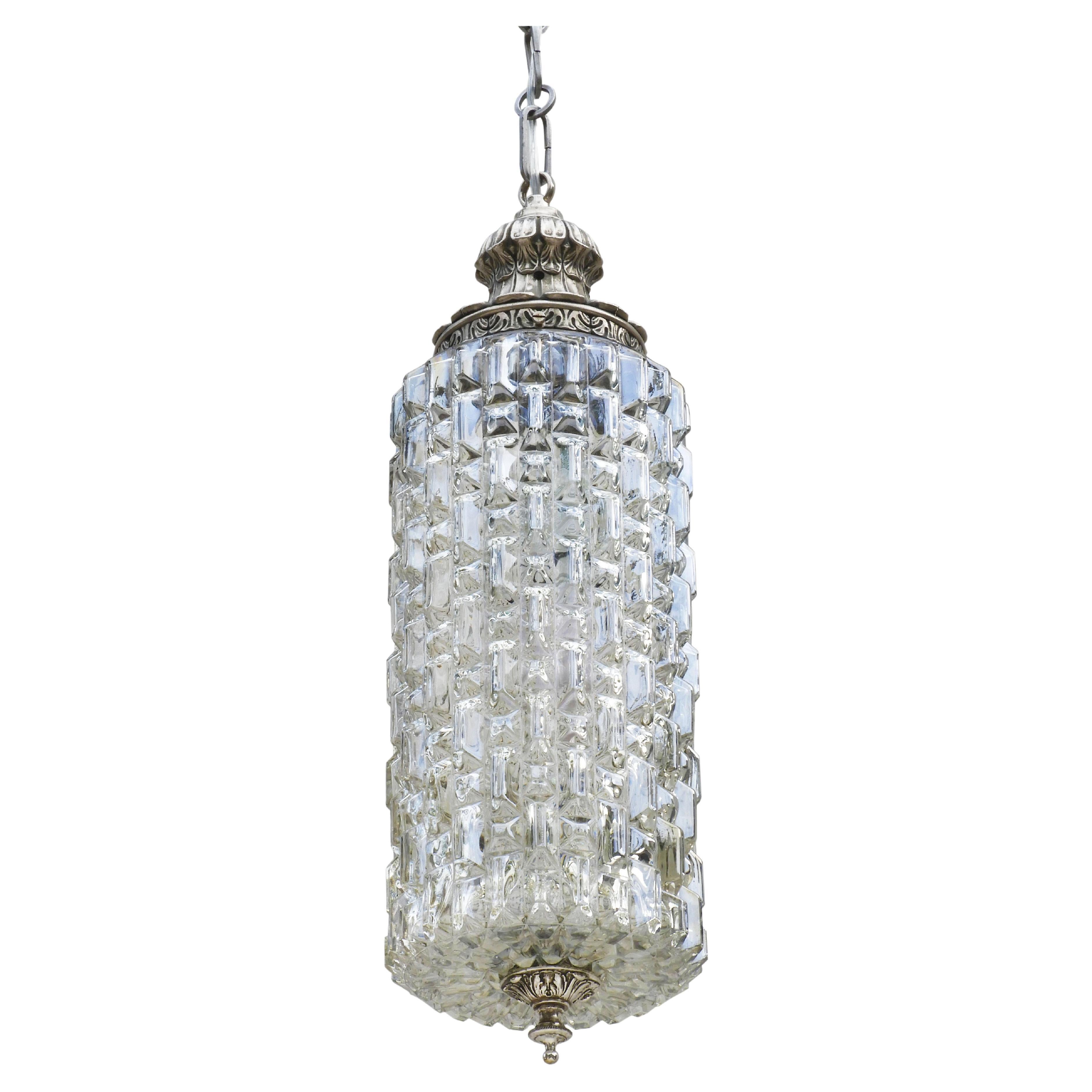Mid Century French Textured Glass Pendant Light Lantern C1950