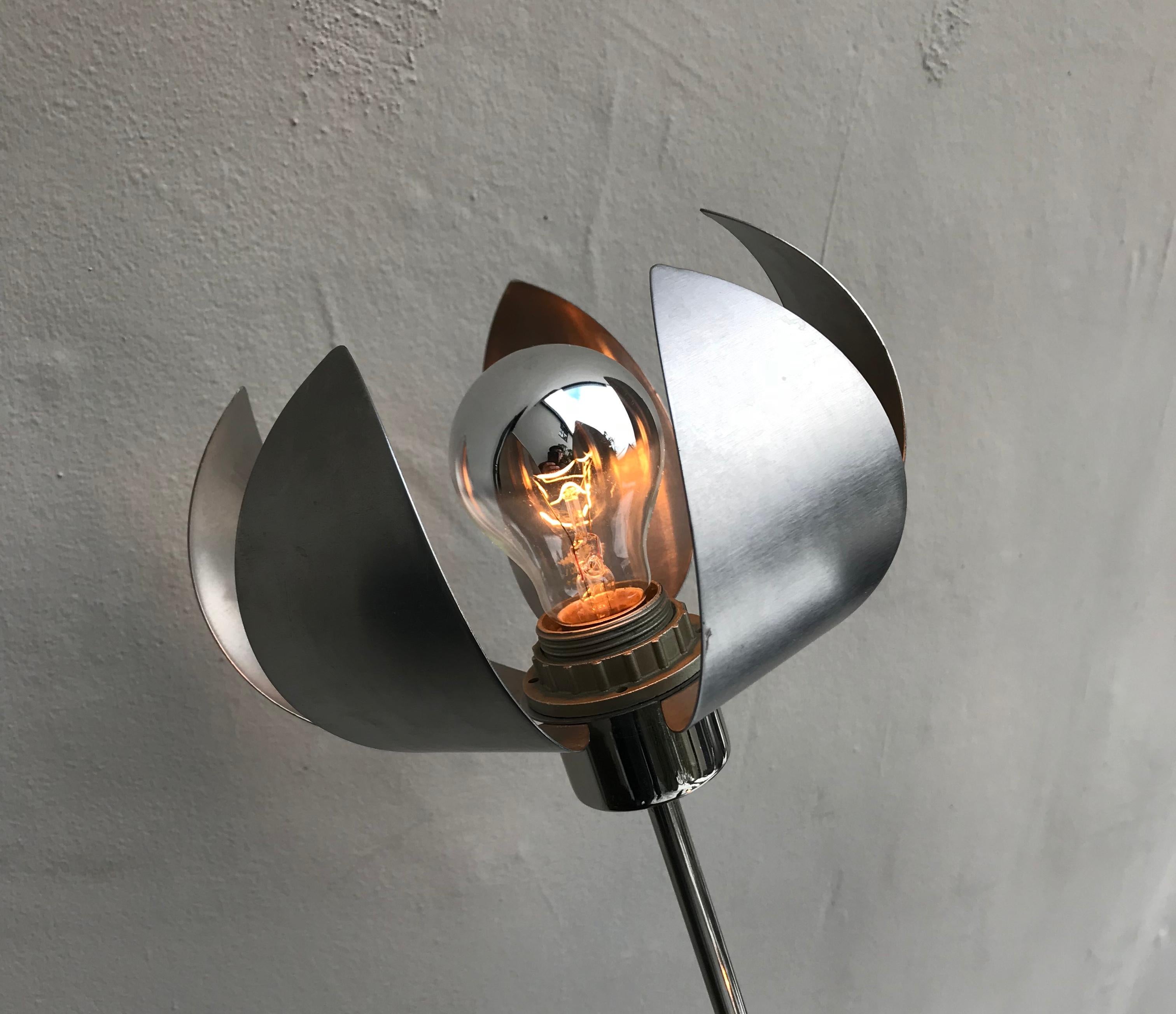 Mid Century French Floor Lamp in Chrome and Aluminium, Tulip Shaped Shades 2