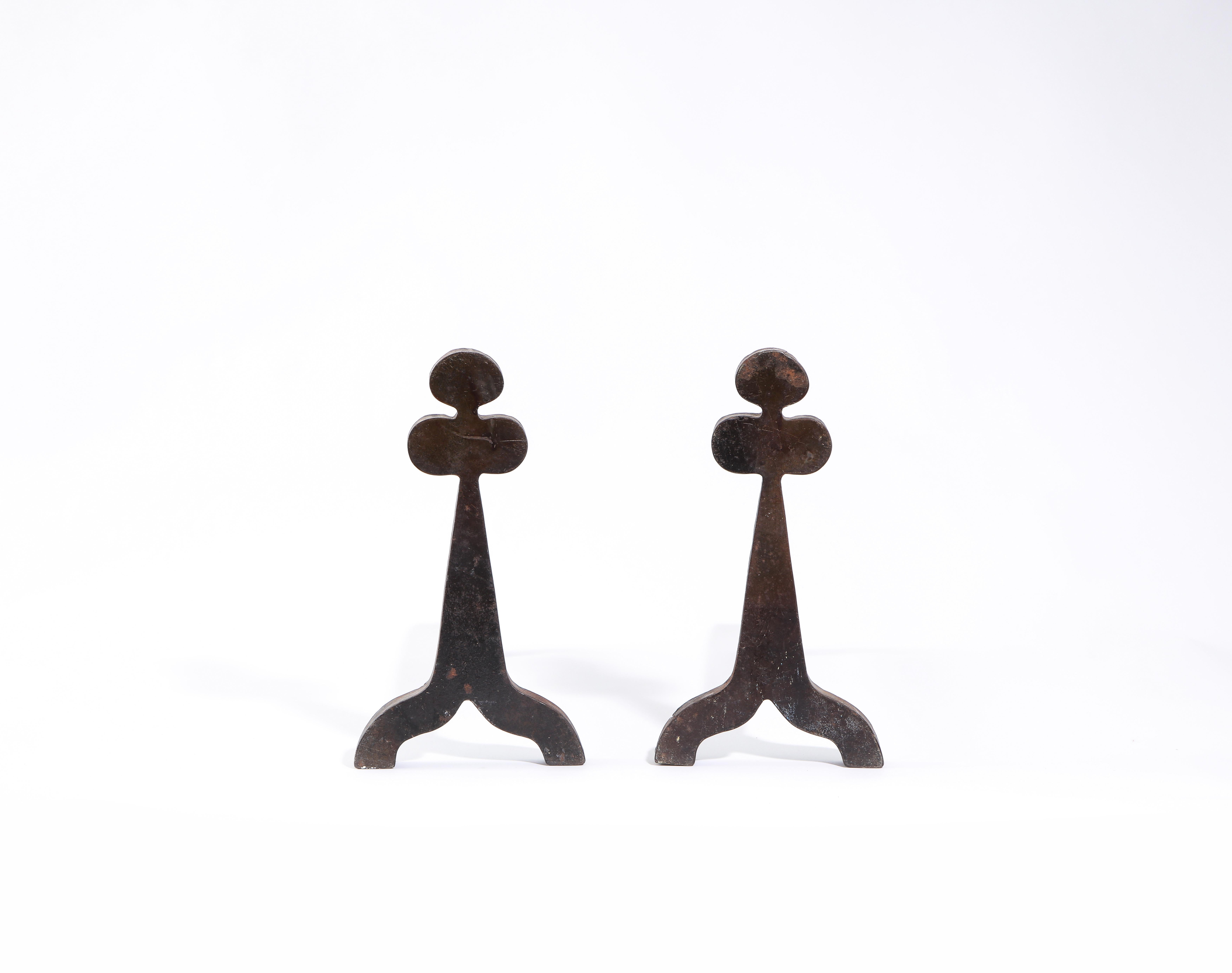 Midcentury French Three Leaf Clover Andirons in Iron 4