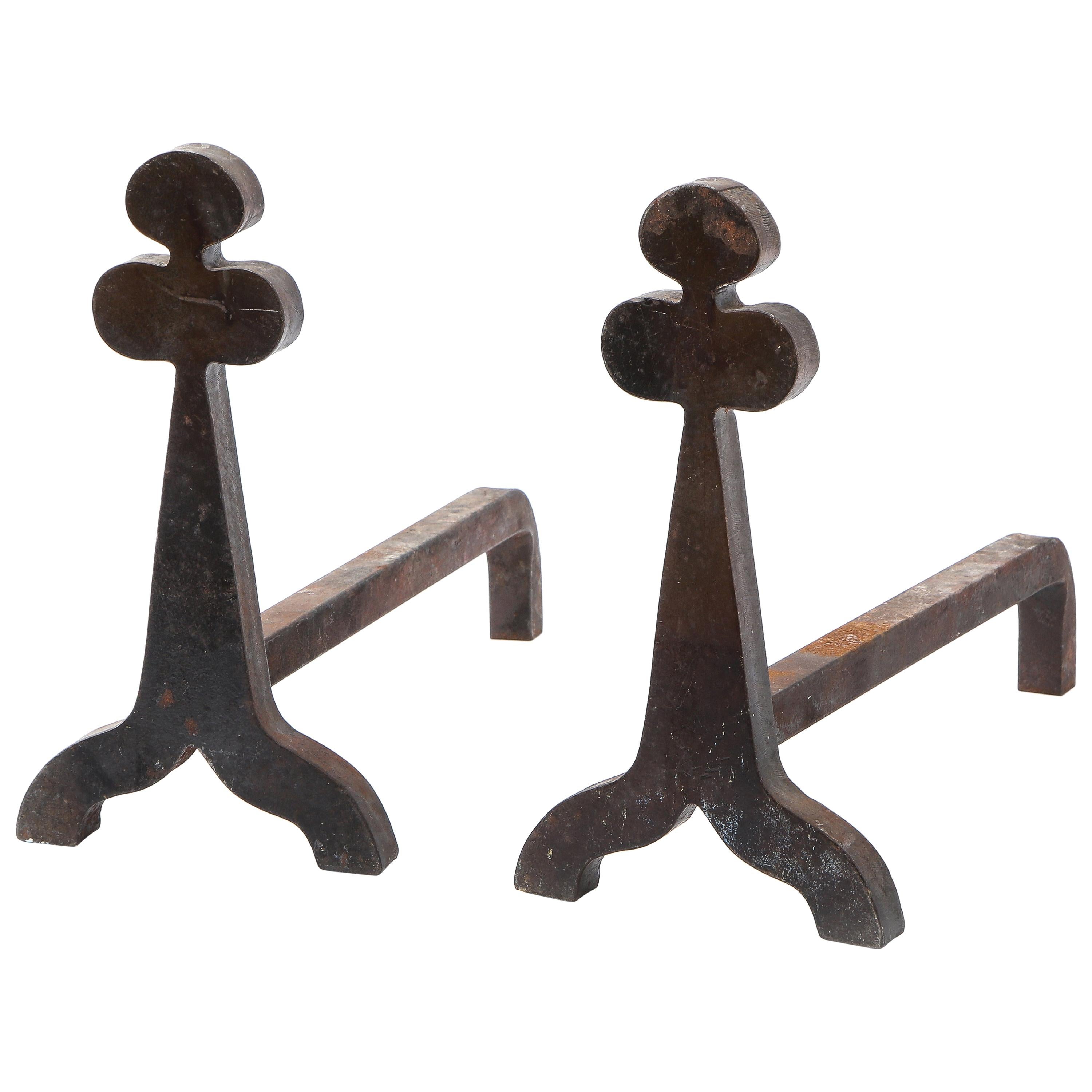 Midcentury French Three Leaf Clover Andirons in Iron