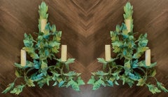 Mid-Century French Tole Leaf / Foliage Garden Wall Sconces - Pair