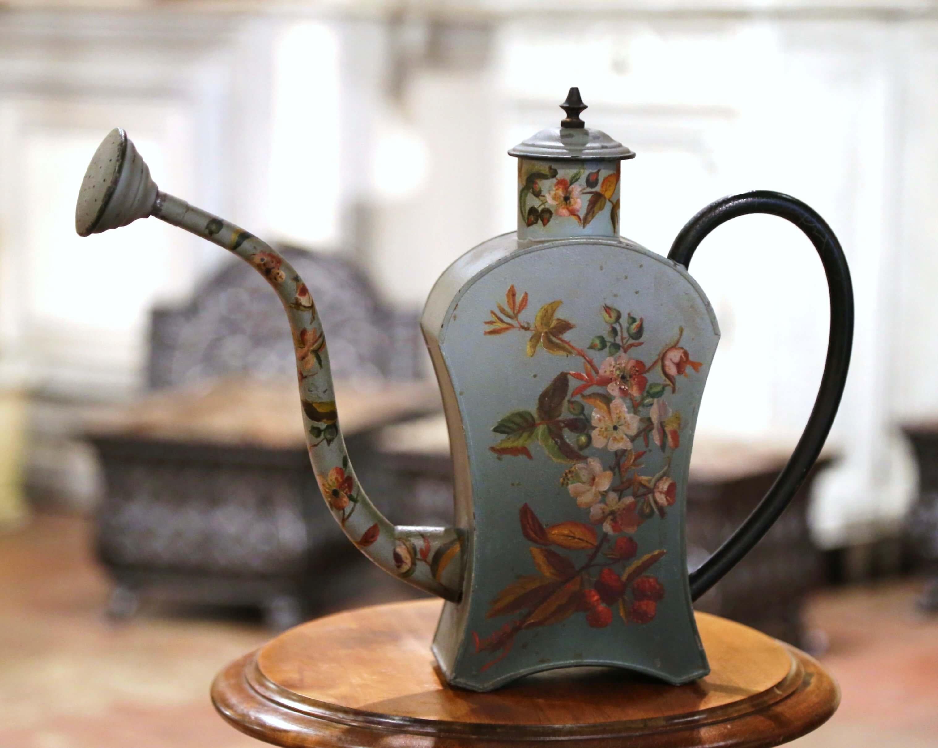 20th Century Mid Century French Tole Watering Can with Floral and Plant Motifs For Sale