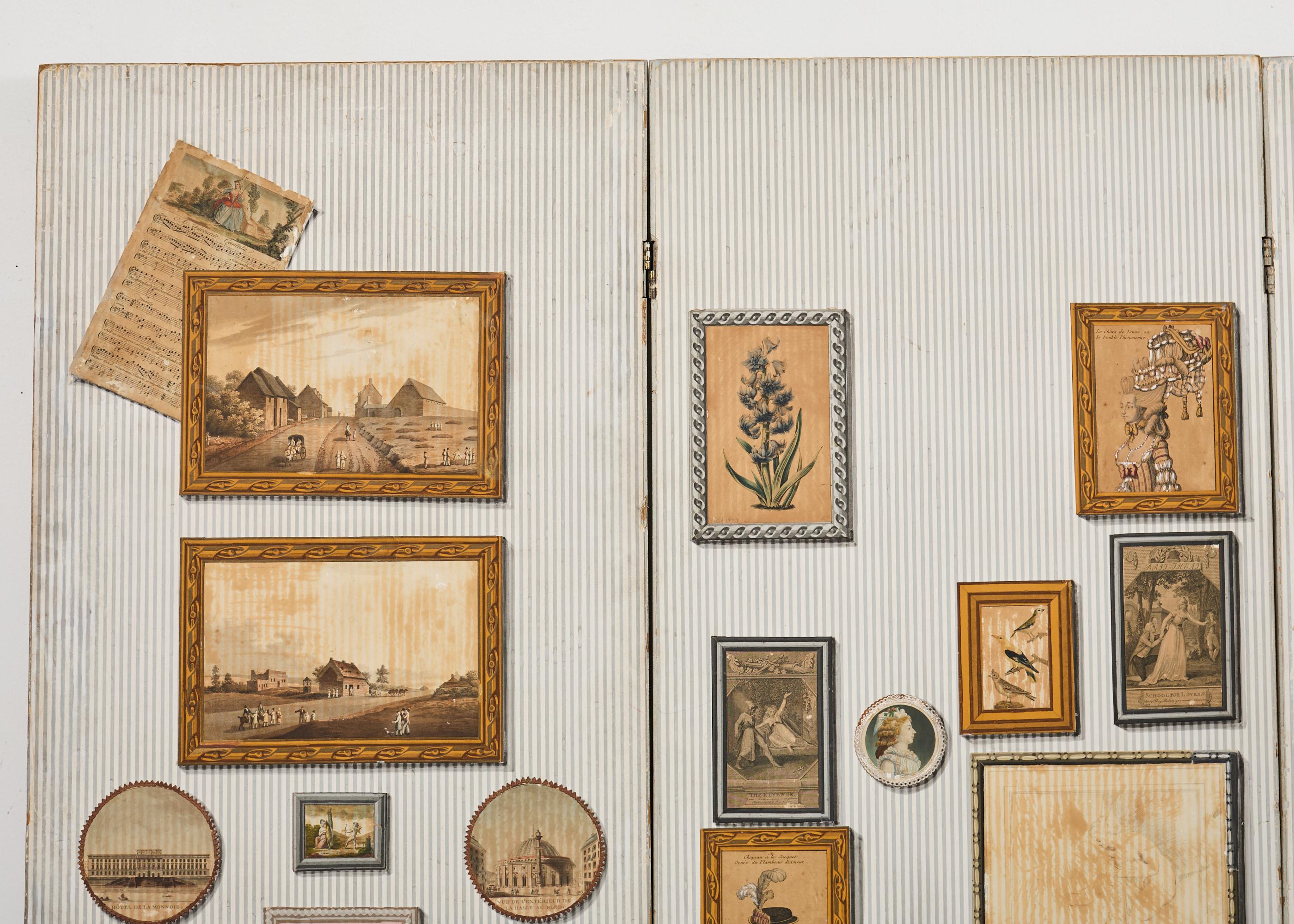 Fantastique paravent italien moderne du milieu du siècle à quatre panneaux double face présentant une décoration peinte en trompe l'oeil et des motifs de peinture appliqués en découpage. Construit à partir de panneaux de bois avec des détails