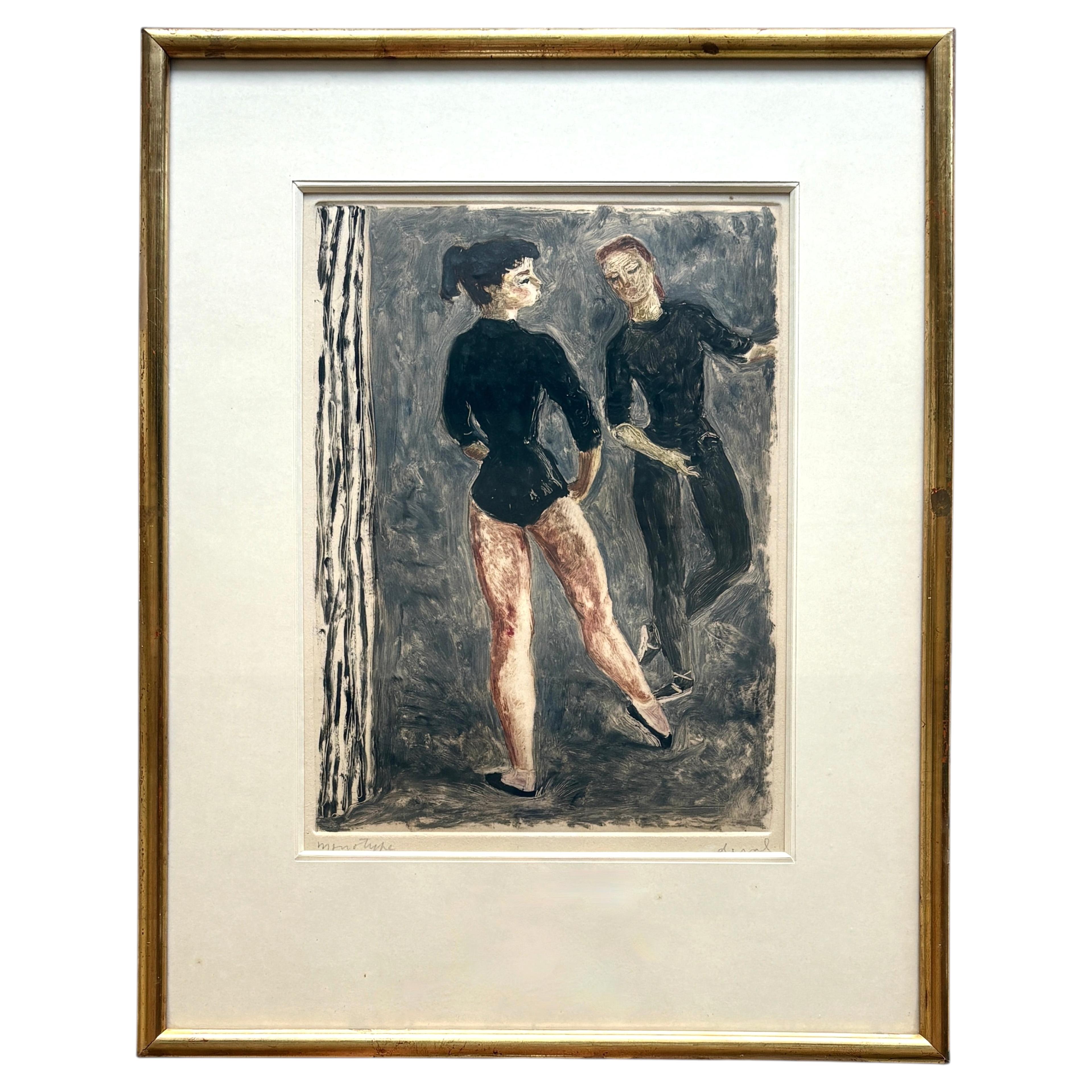 Einzigartiger französischer Monotyp aus der Mitte des Jahrhunderts mit Tänzern, signiert von Pierre Duval (1897–1993)