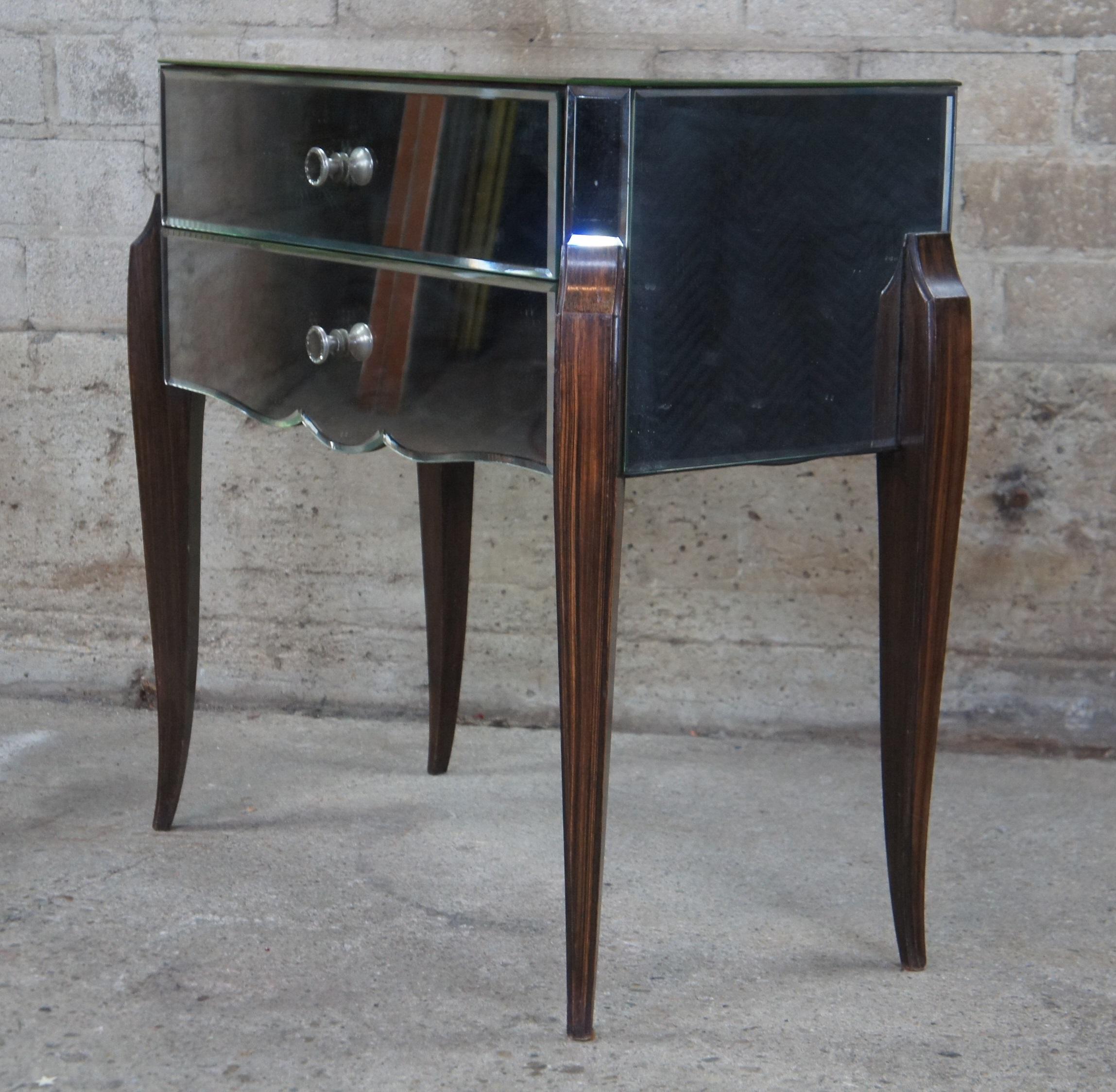 Mid Century French Venetian Mirrored Ebony Nightstand Entry Chest Console Table In Good Condition In Dayton, OH