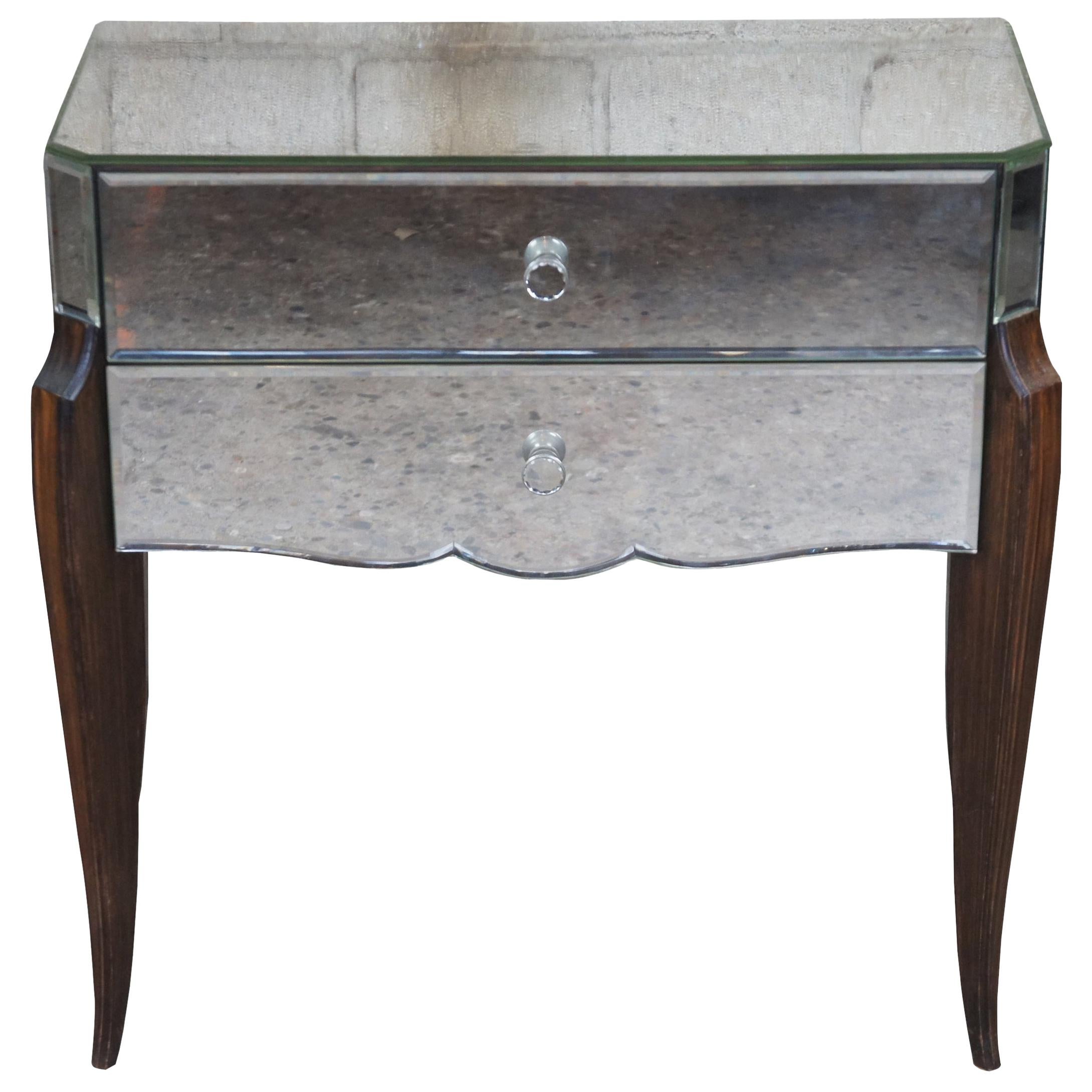 Mid Century French Venetian Mirrored Ebony Nightstand Entry Chest Console Table