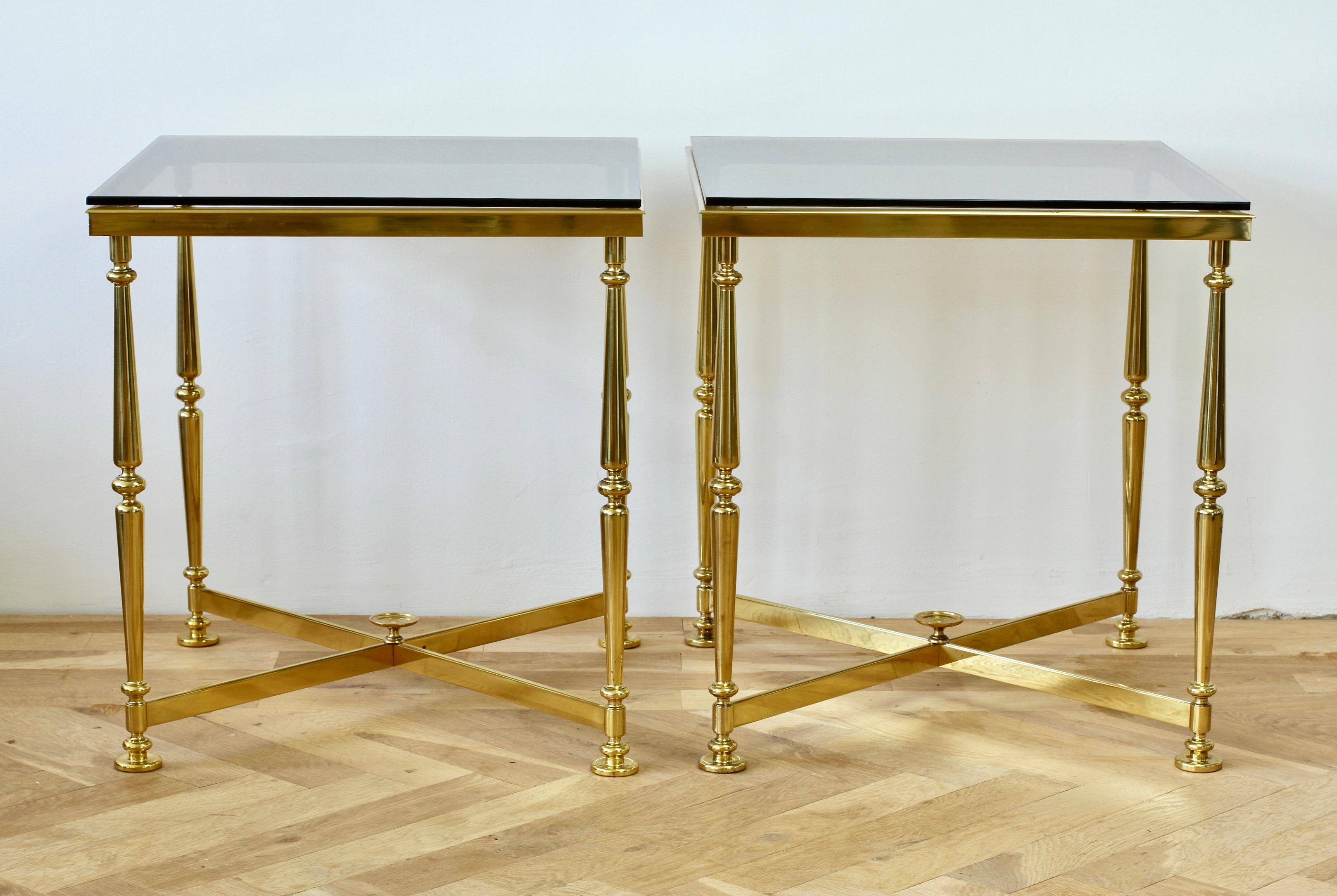 Hollywood Regency Midcentury French Vintage Pair of Solid Cast Brass Side/ End Tables, circa 1970s