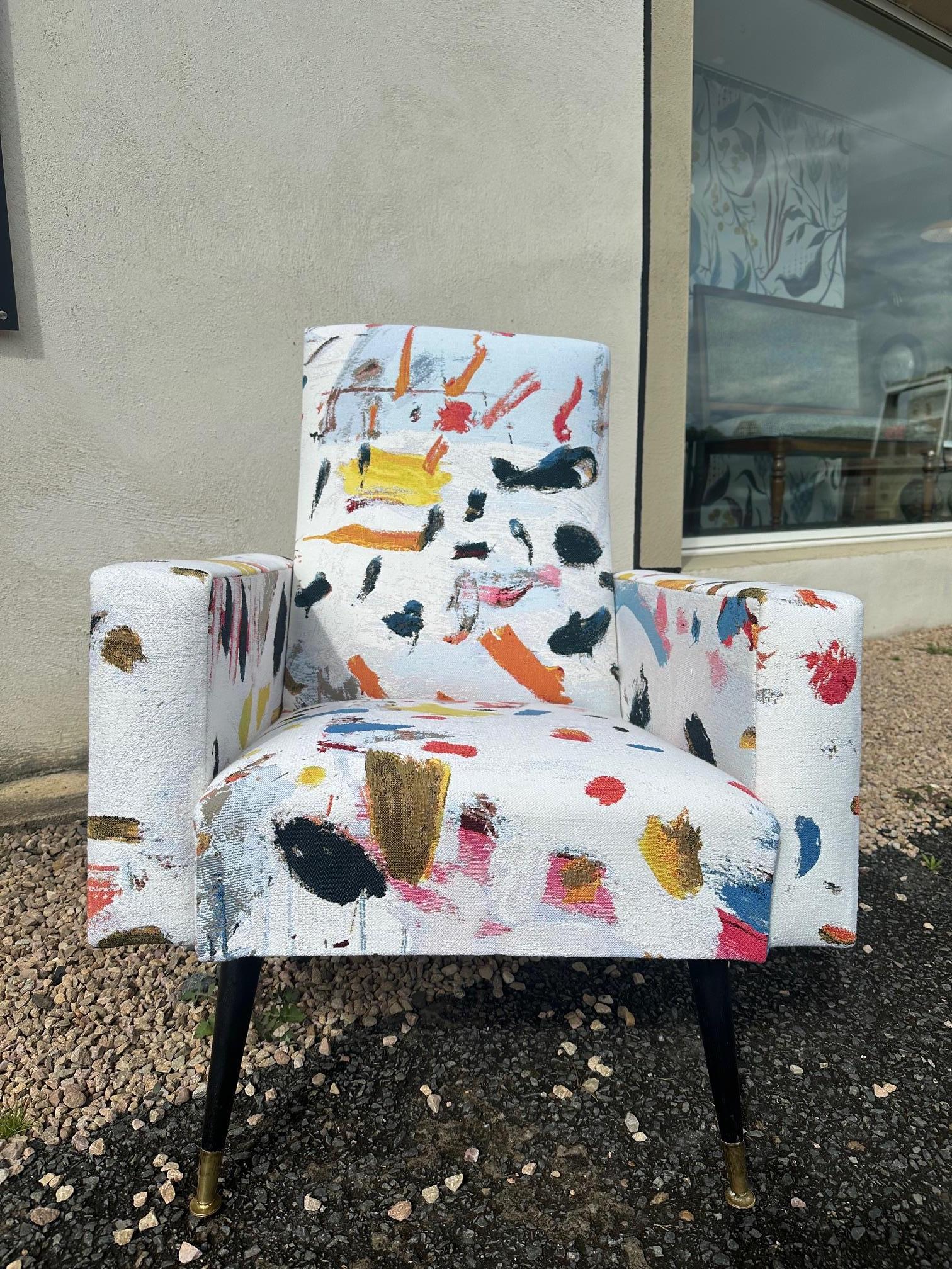 Brass Mid-century French Vintage Upholstered Armchair, 1970s