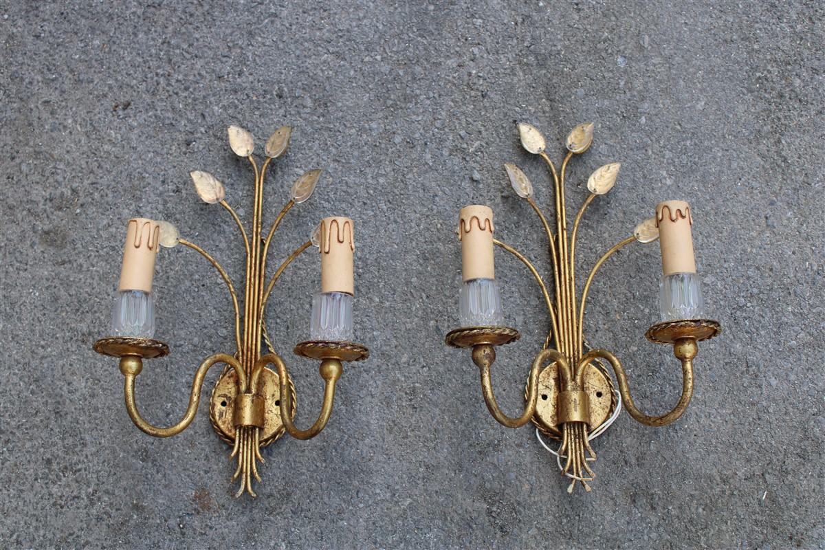 Mid-century French wall sconces crystall and gold plated metal Maison Jansen.