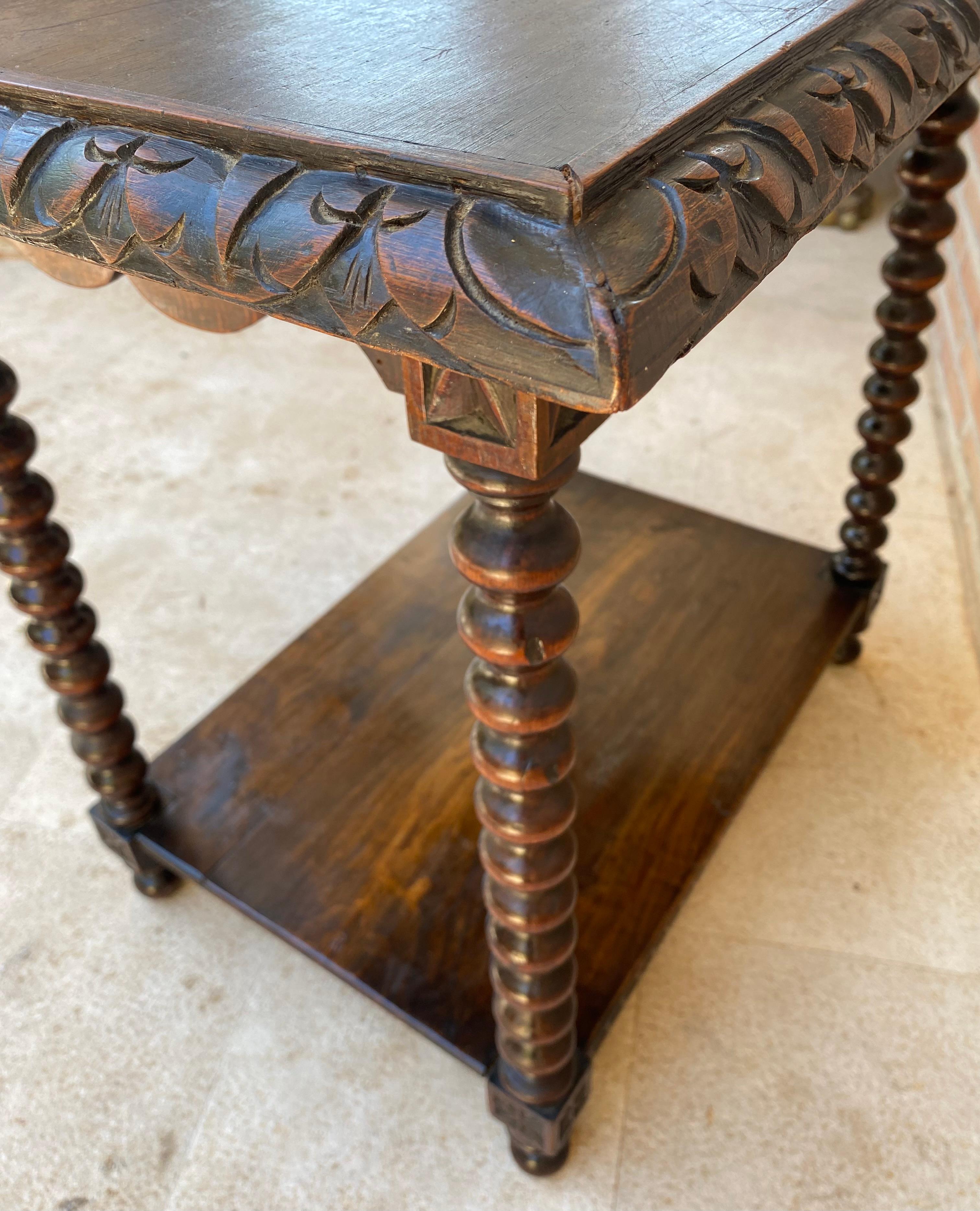 20th Century Mid-Century French Walnut Carved Side Table with Turned Legs and Low Shelf, 1940