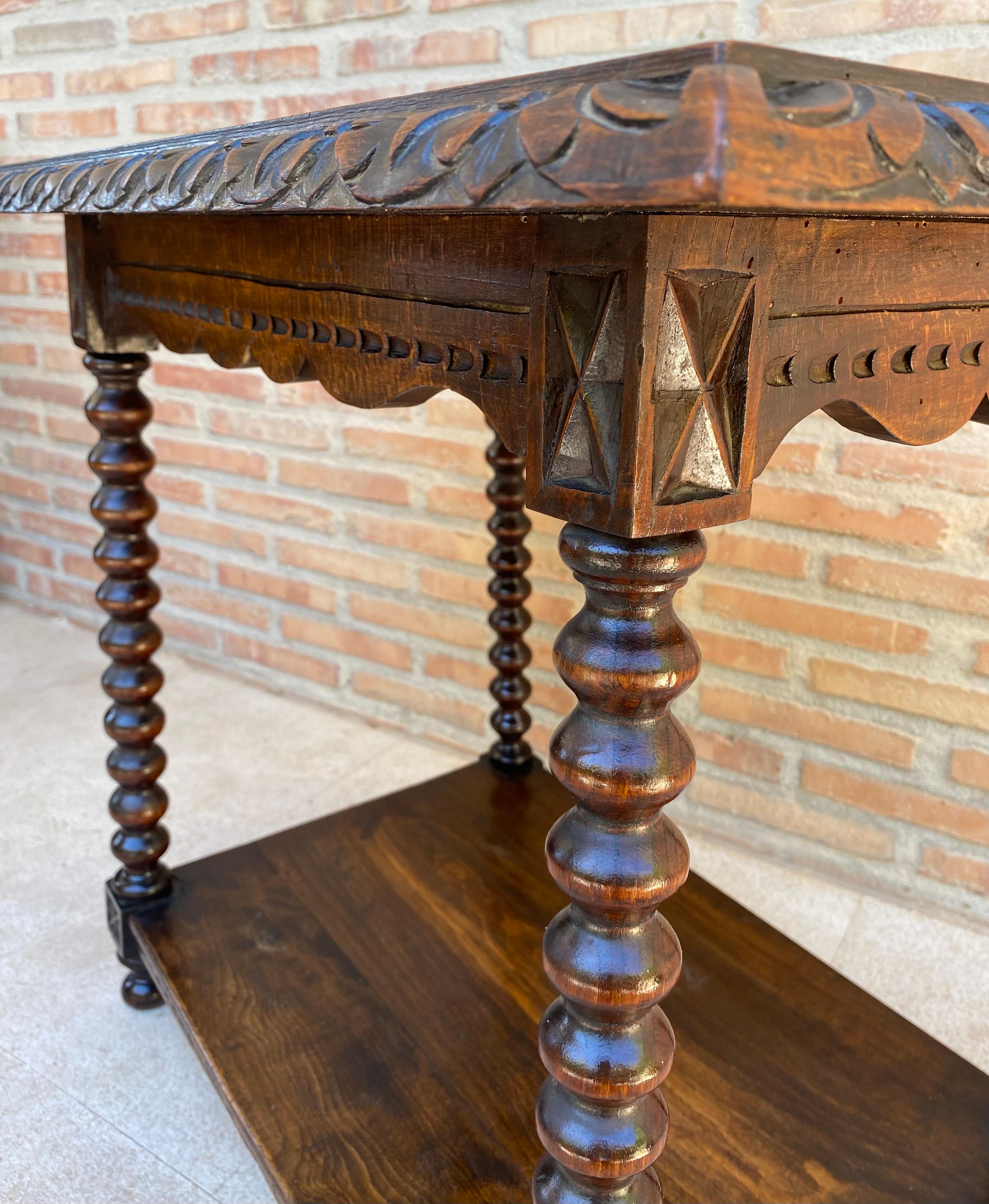 Mid-Century French Walnut Carved Side Table with Turned Legs and Low Shelf, 1940 1