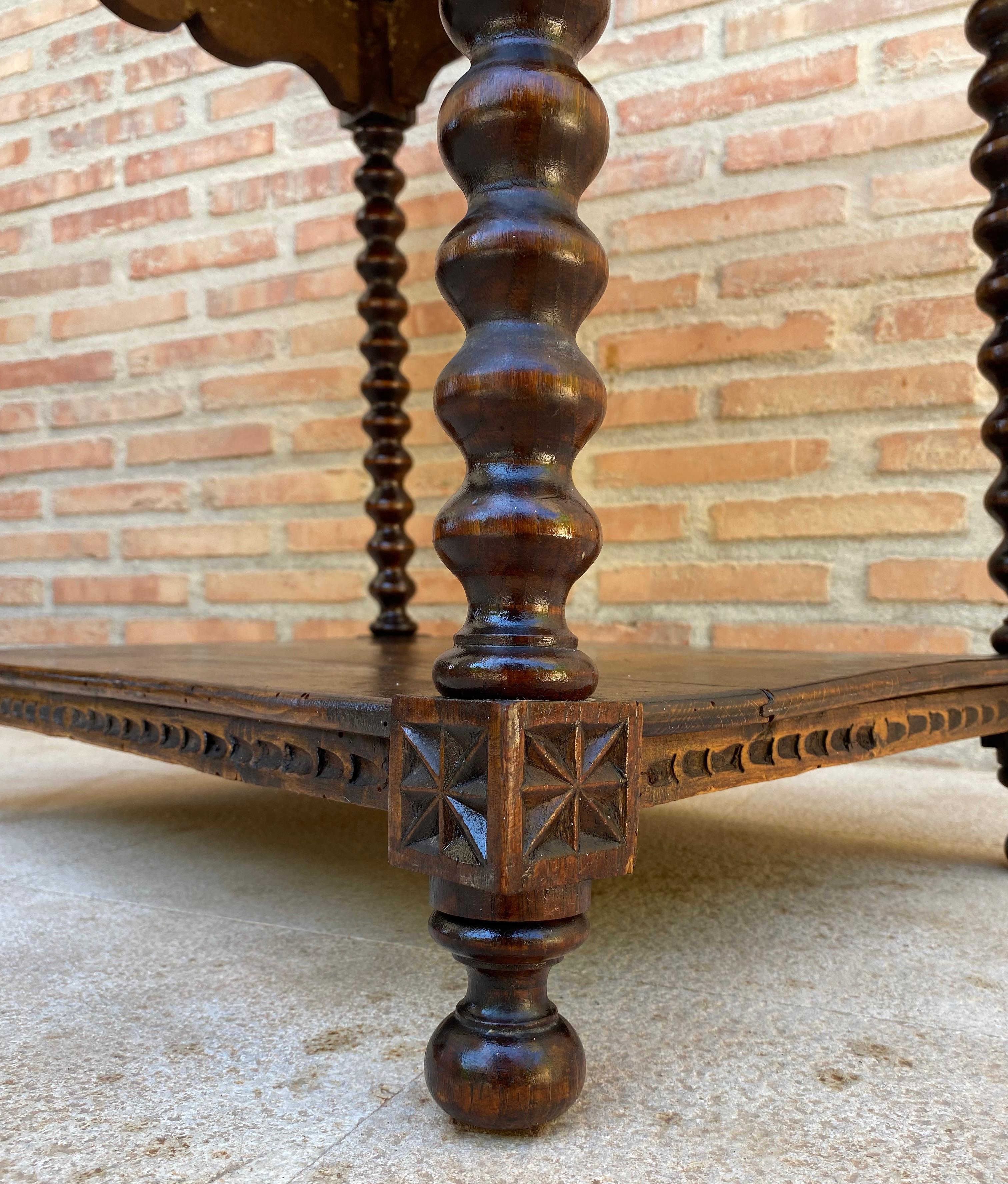 Mid-Century French Walnut Carved Side Table with Turned Legs and Low Shelf, 1940 2