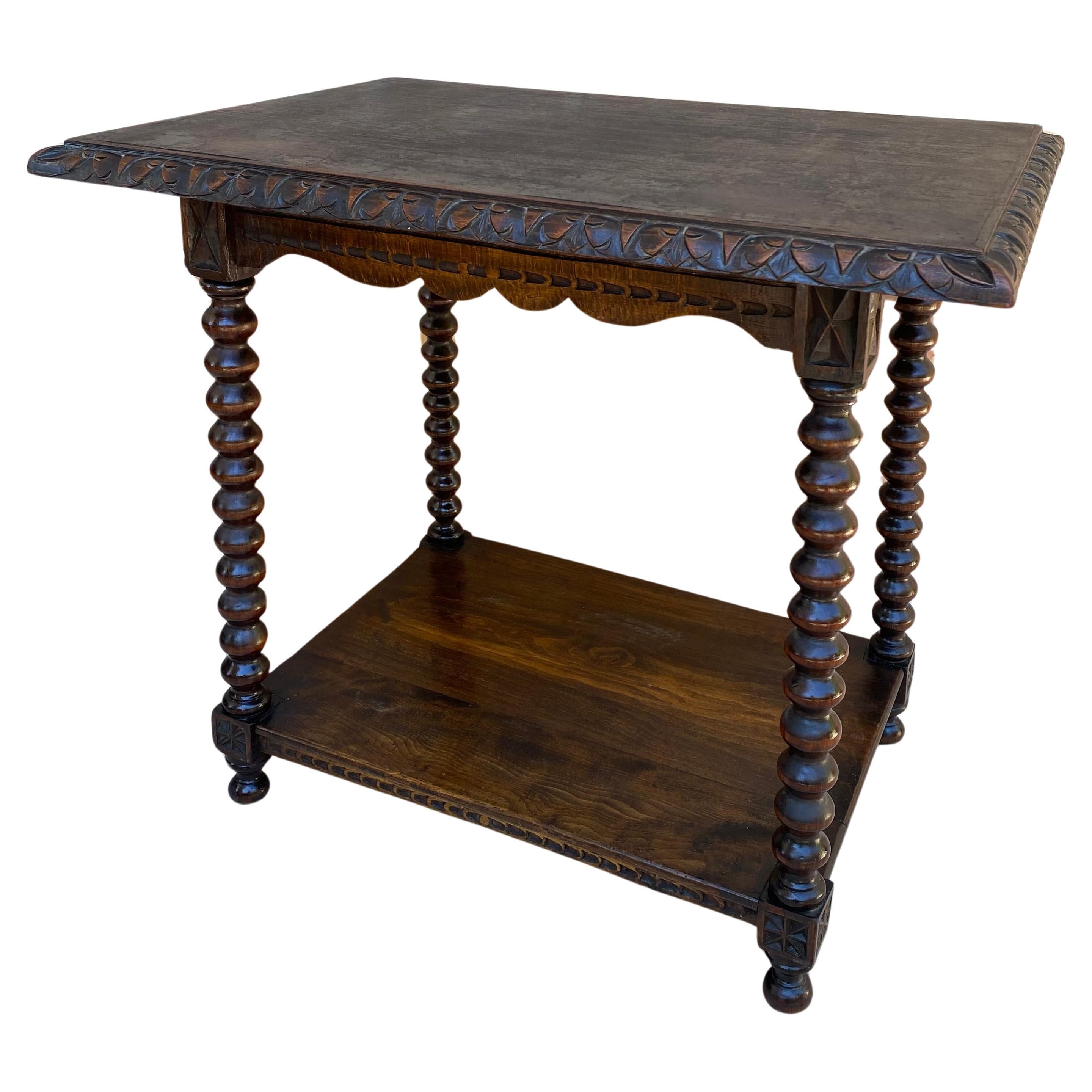 Mid-Century French Walnut Carved Side Table with Turned Legs and Low Shelf, 1940