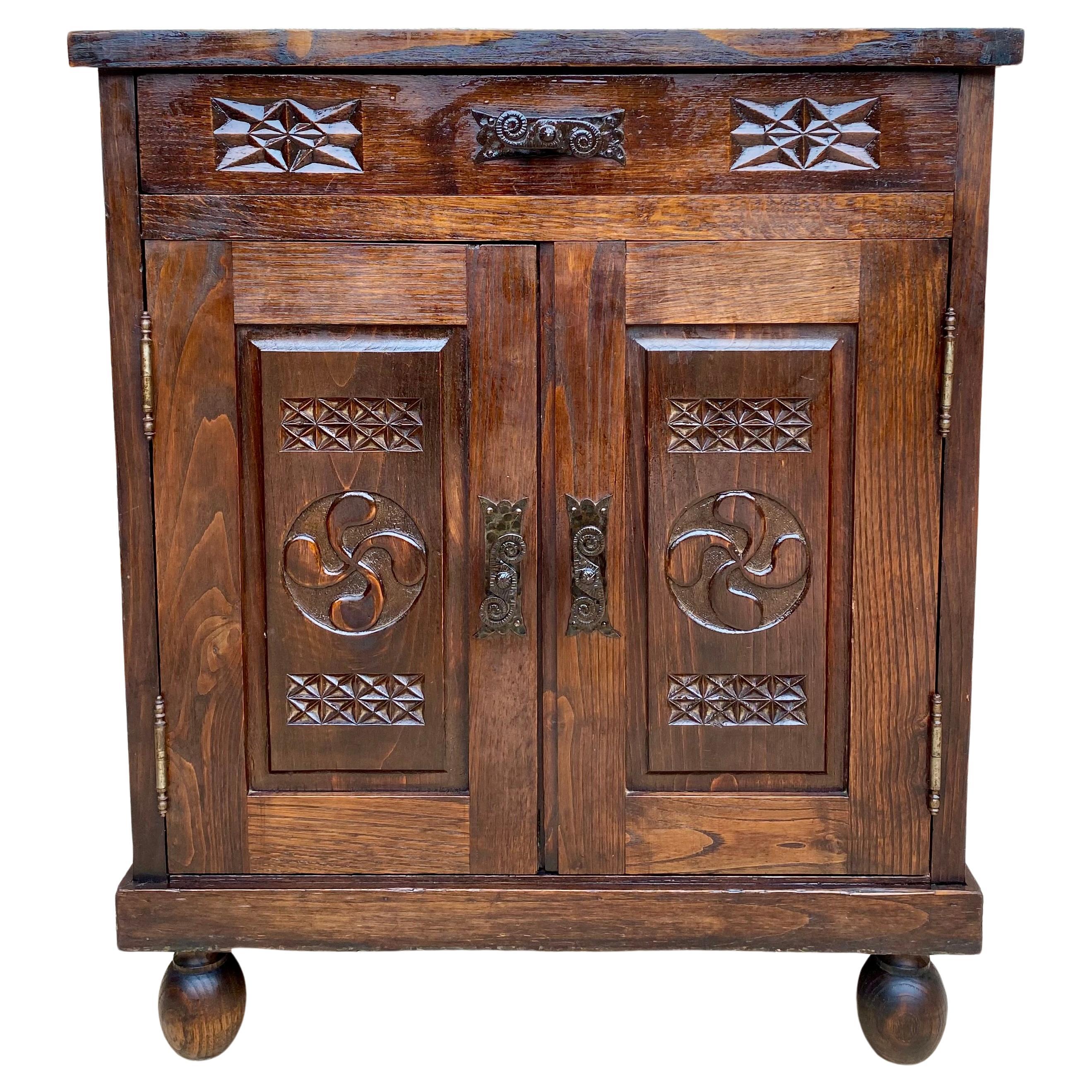 Mid-Century French Walnut Chest Table with Drawer and Double Door, 1950s