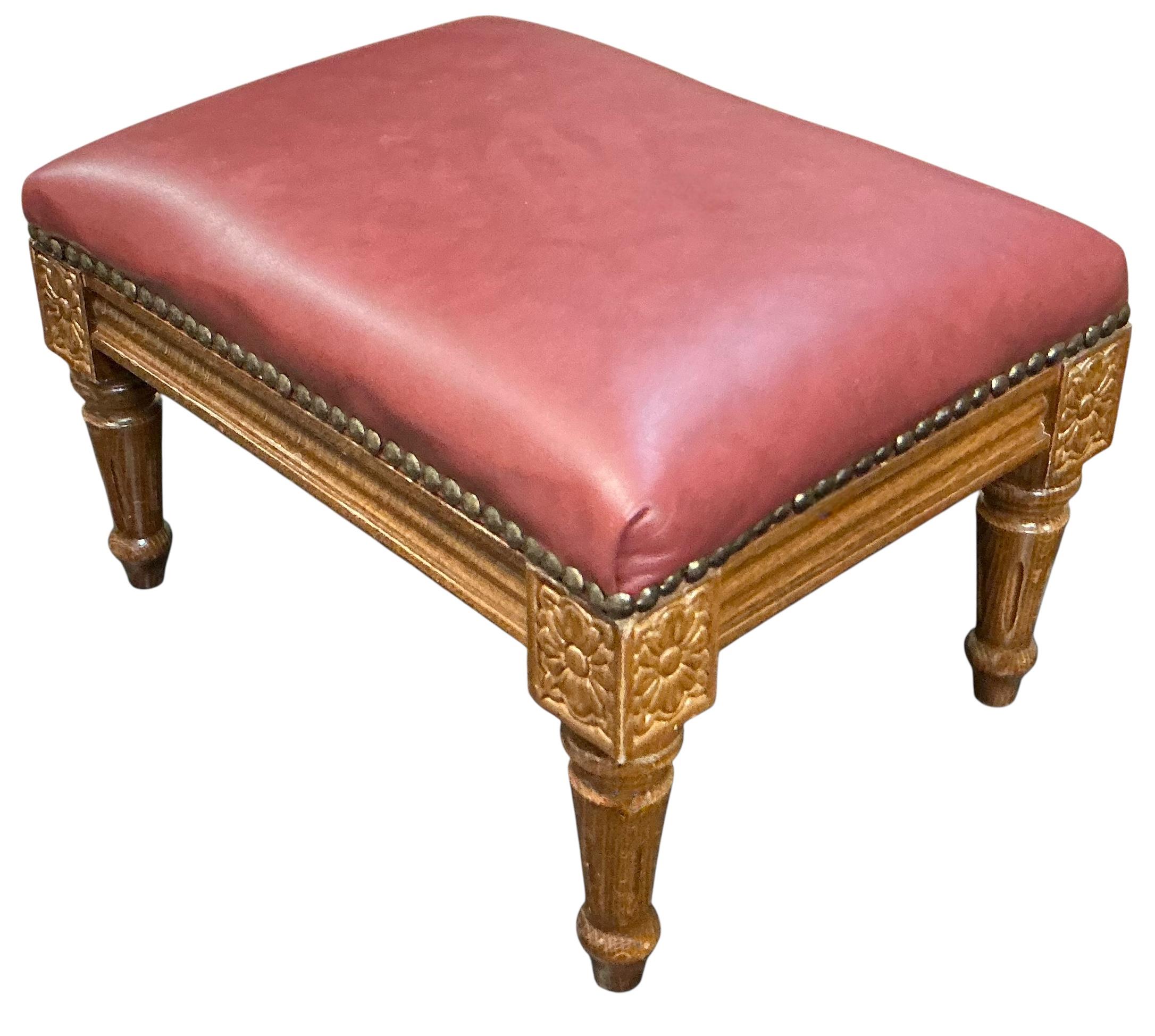 Louis XV Mid-Century French Walnut & Leather Petite Ottoman / Stool / Bench For Sale