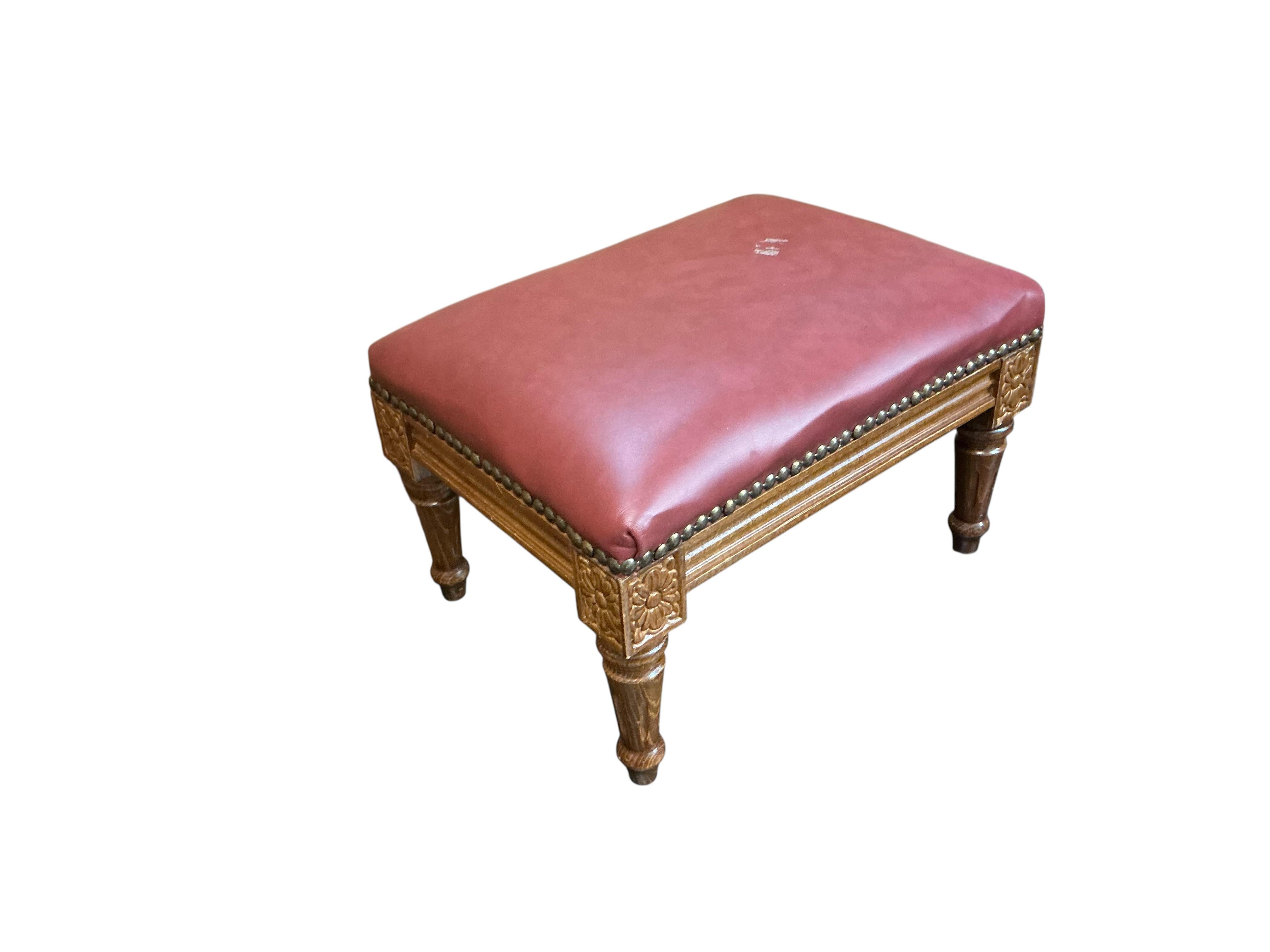 Italian Mid-Century French Walnut & Leather Petite Ottoman / Stool / Bench For Sale