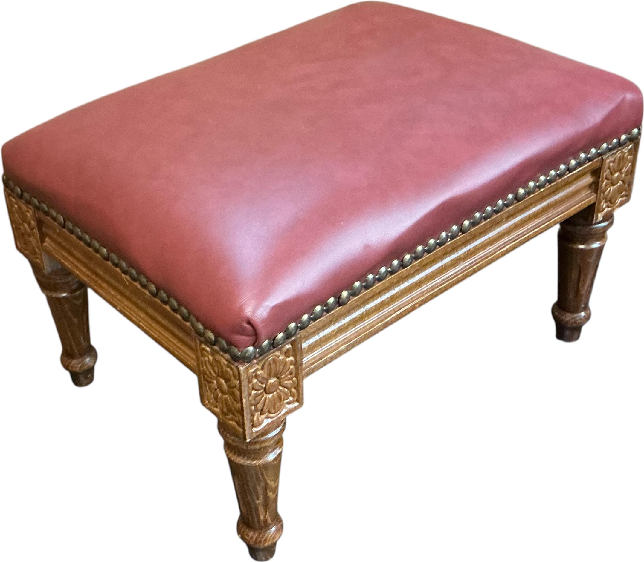 Mid-Century French Walnut & Leather Petite Ottoman / Stool / Bench In Good Condition For Sale In Kennesaw, GA