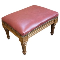 Mid-Century French Walnut & Leather Petite Ottoman / Stool / Bench