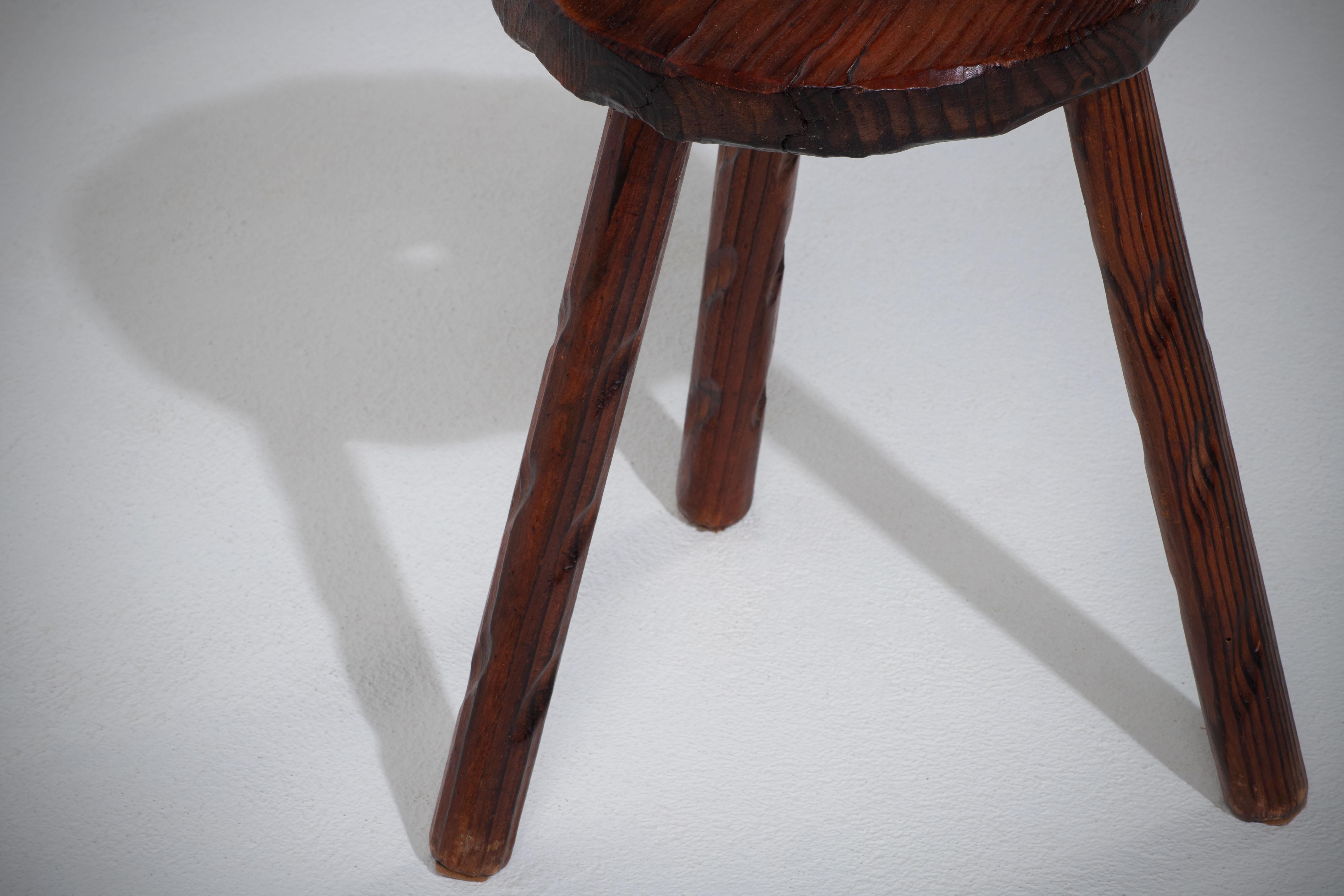 Hand-Carved Midcentury French Walnut Stool, Jean Touret-Inspired, 1960s For Sale