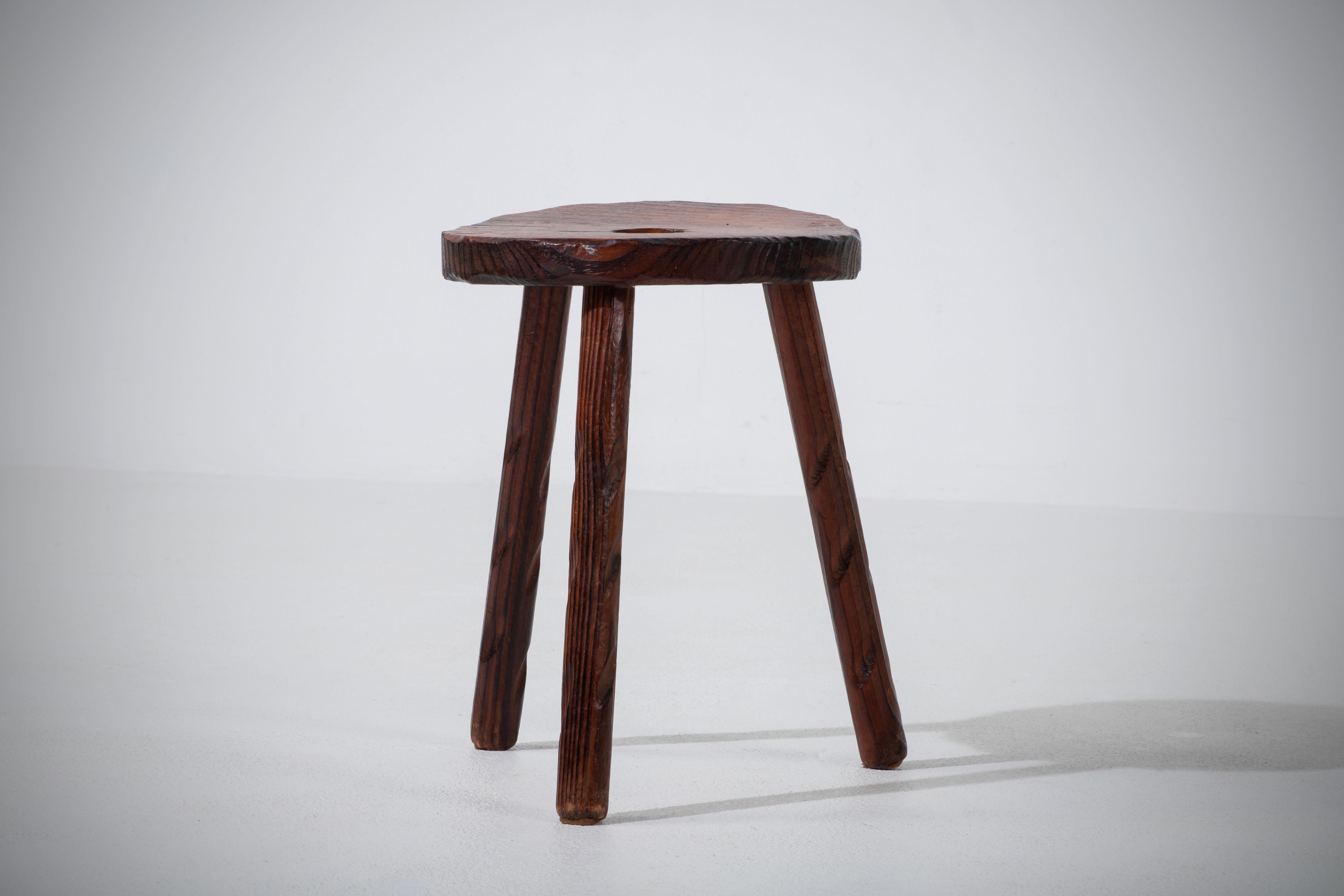 Oak Midcentury French Walnut Stool, Jean Touret-Inspired, 1960s For Sale