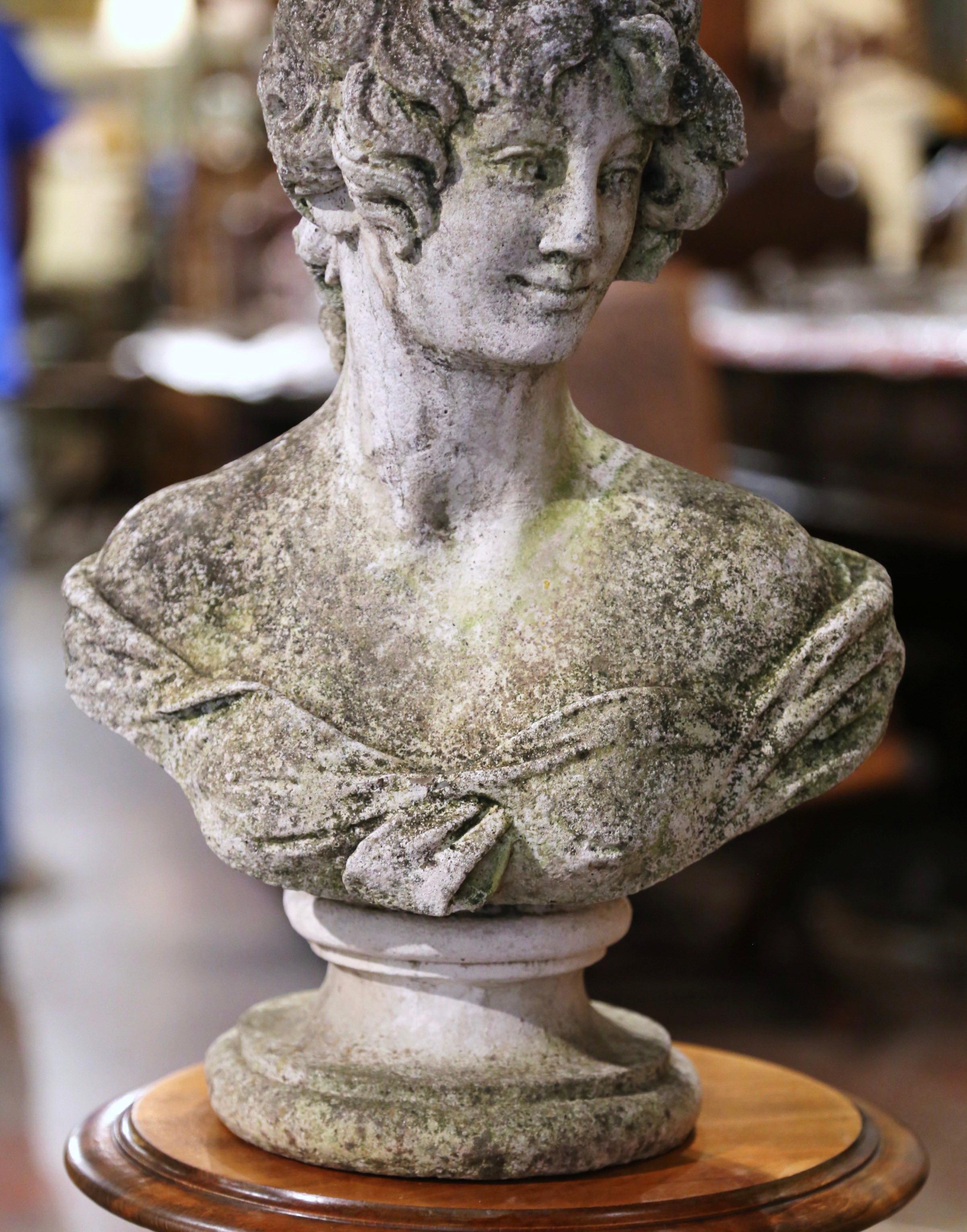 Neoclassical Mid-Century French Weathered Cast Stone Garden Statuary Female Bust