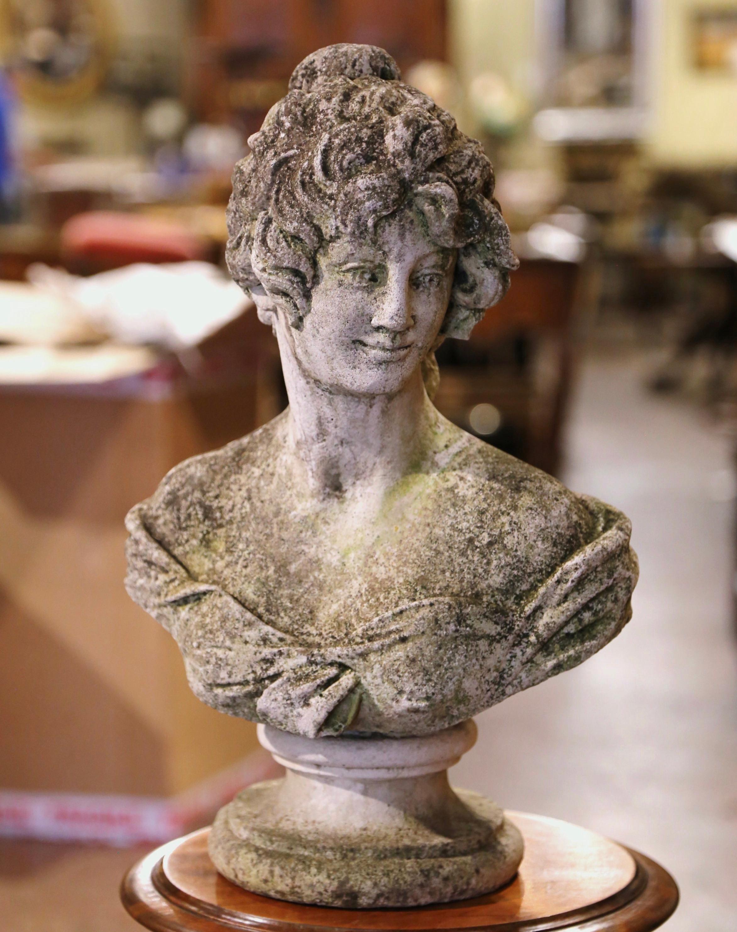Hand-Carved Mid-Century French Weathered Cast Stone Garden Statuary Female Bust