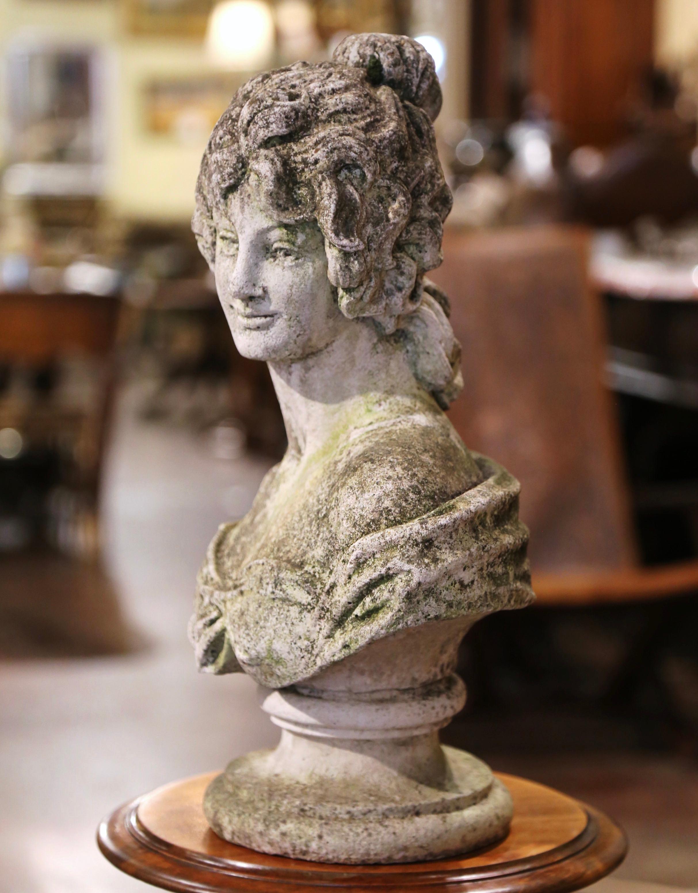 Mid-Century French Weathered Cast Stone Garden Statuary Female Bust In Excellent Condition In Dallas, TX
