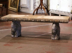 Mid-Century French Weathered Concrete Garden Bench with Carved Rabbit Figures