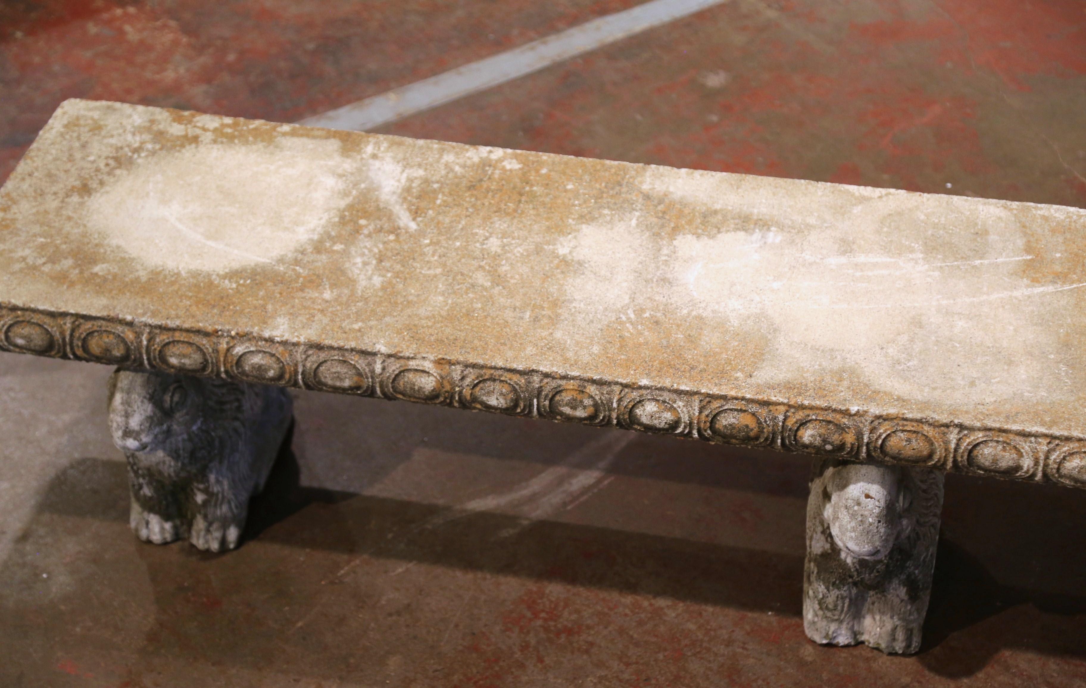 Patinated Mid-Century French Weathered Concrete Garden Bench with Carved Rabbit Figures
