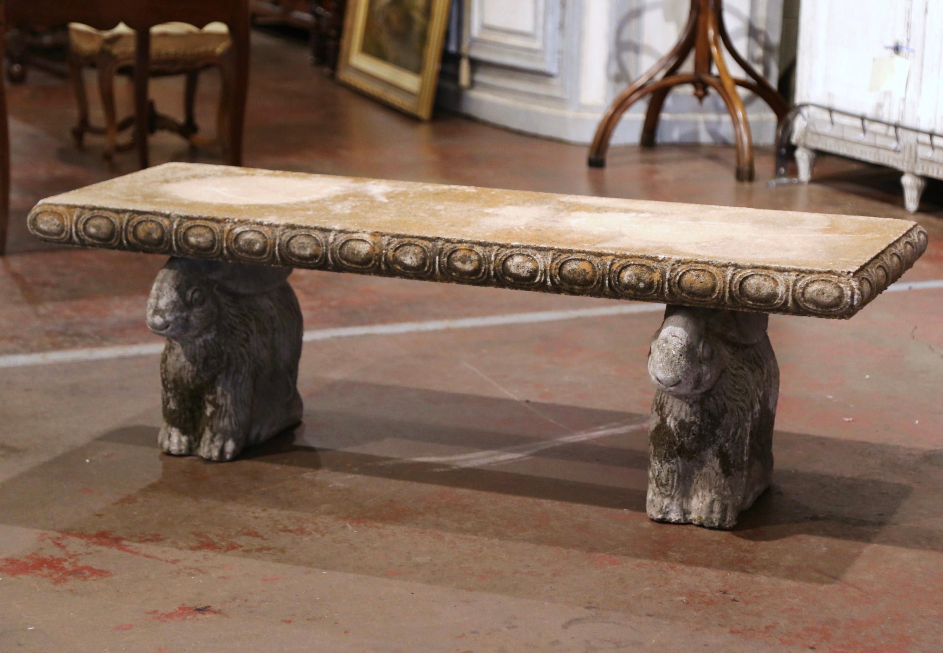 Mid-Century French Weathered Concrete Garden Bench with Carved Rabbit Figures In Excellent Condition In Dallas, TX