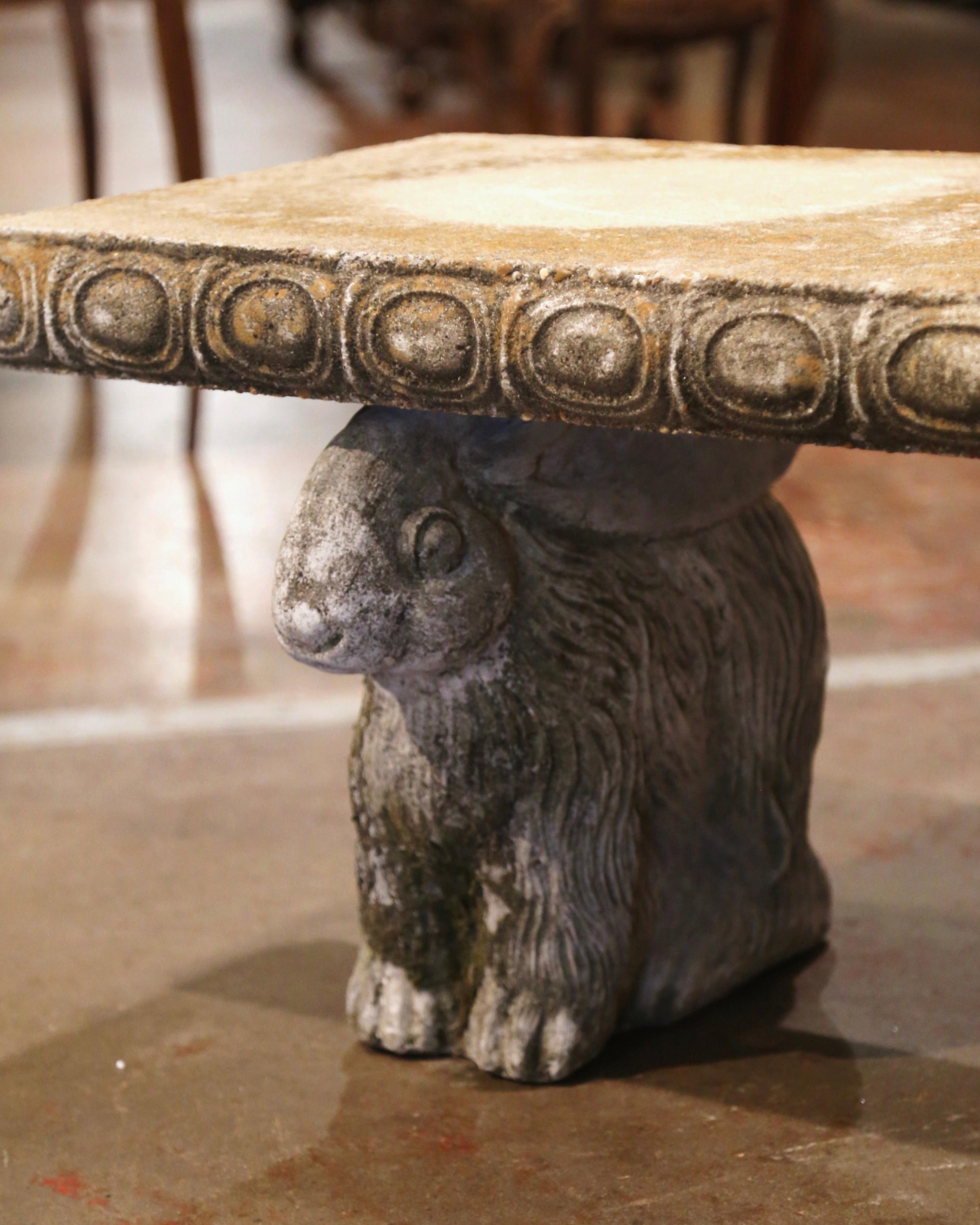 20th Century Mid-Century French Weathered Concrete Garden Bench with Carved Rabbit Figures